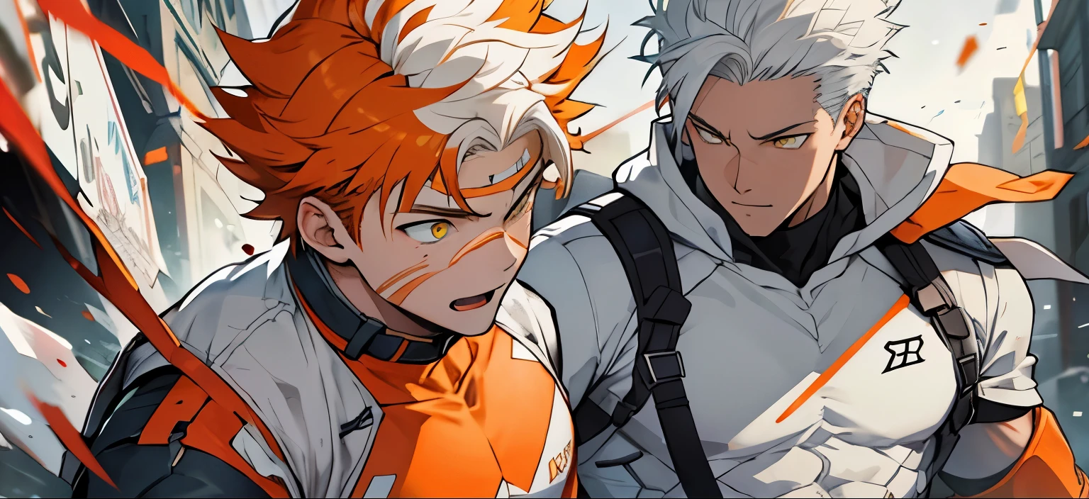 there is a boy with short orange hair being attacked in the chest by a boy with white hair and yellow eyes
