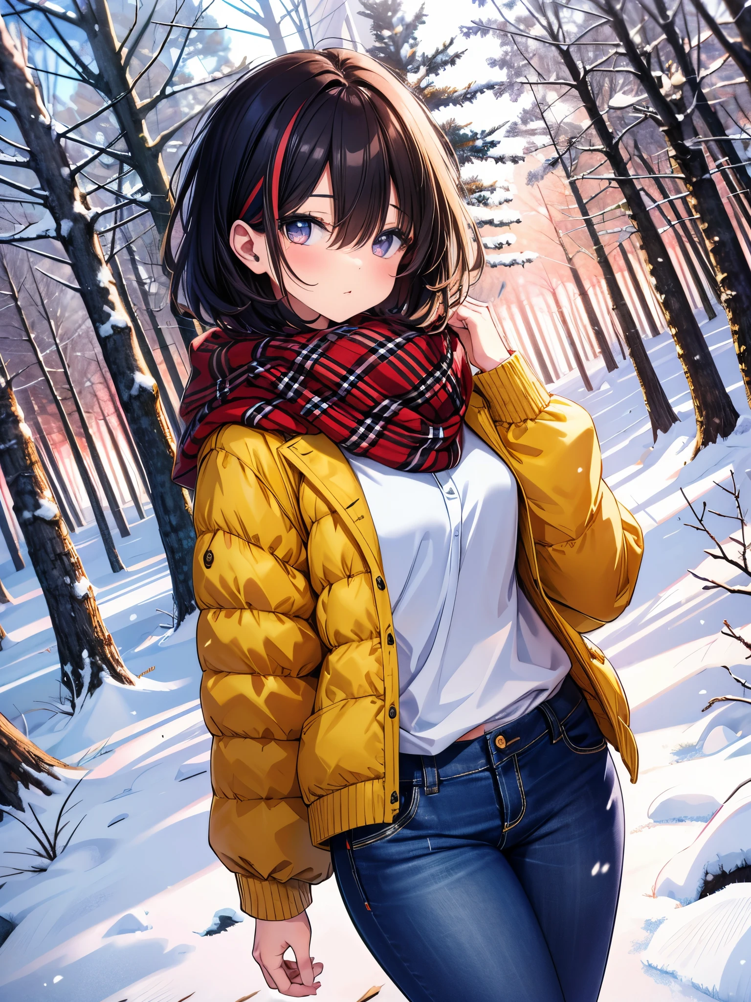 (cowboy shot), (best quality, ultra-high resolution, depth of field:1.2), solo, adult, 1woman, toned body, medium breasts, wide hips, black hair, streaked hair, short hair, bangs, upturned eyes, a hint of melancholy in her gaze, winter, warmly dressed (wearing a winter outfit), denim jeans, snow-laden pine forest, golden light filtering through the trees, wisps of breath visible in the cold air
