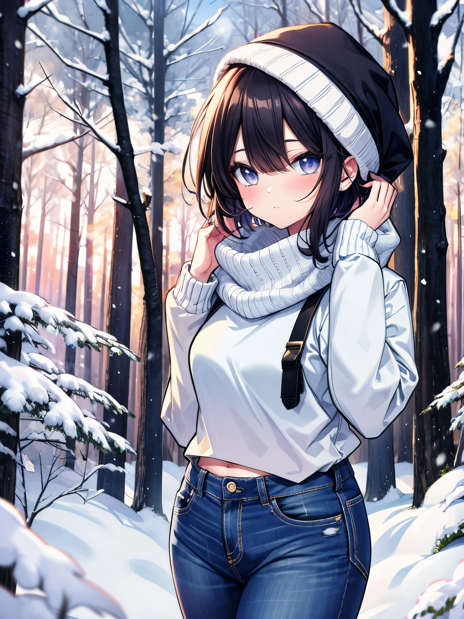 (cowboy shot), (best quality, ultra-high resolution, depth of field:1.2), solo, adult, 1woman, toned body, medium breasts, wide hips, black hair, streaked hair, short hair, bangs, upturned eyes, a hint of melancholy in her gaze, winter, warmly dressed (wearing a winter outfit), denim jeans, snow-laden pine forest, golden light filtering through the trees, wisps of breath visible in the cold air