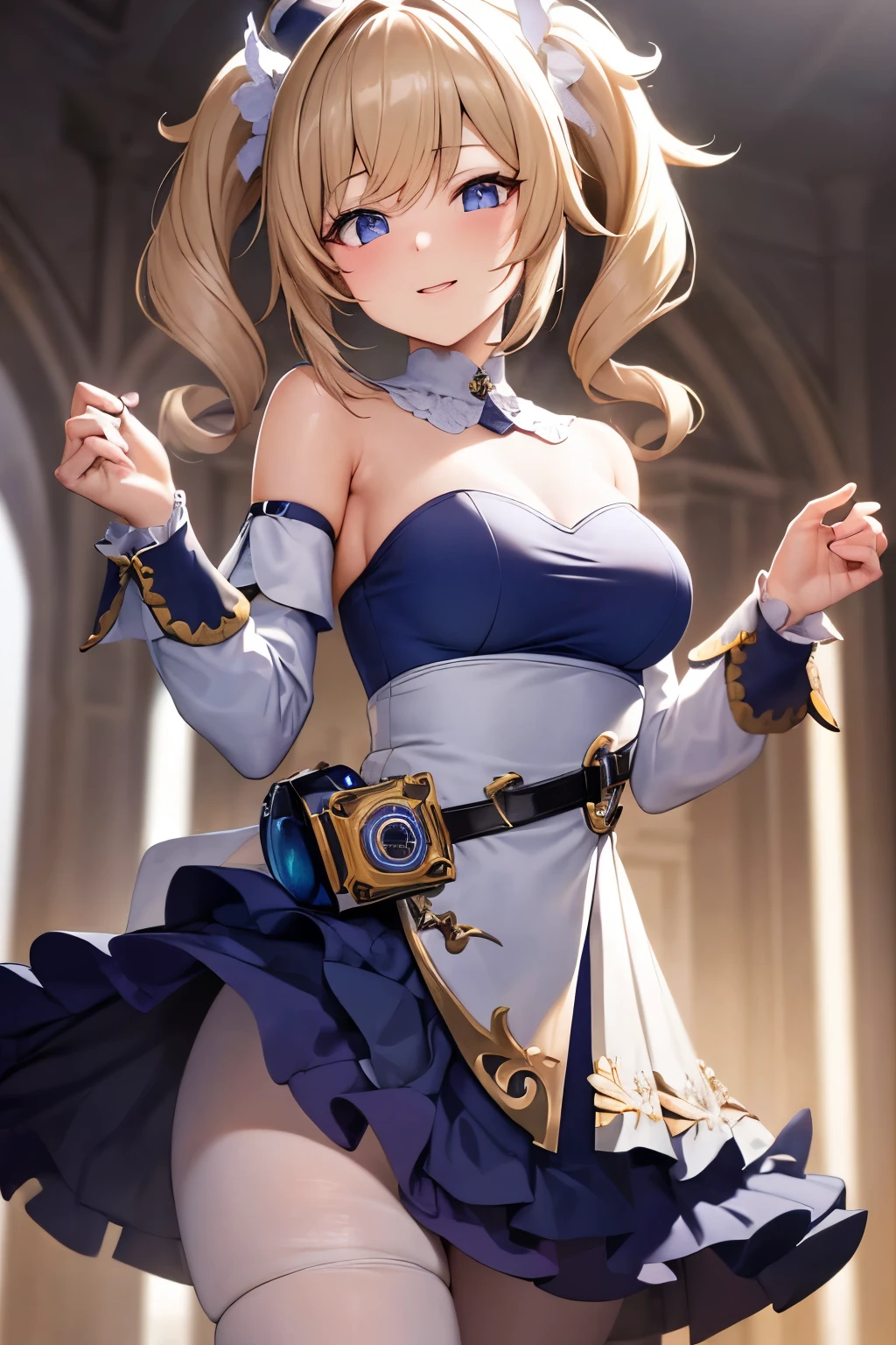 (extremely detailed CG unity 8k wallpaper,masterpiece, best quality, ultra-detailed, beautiful detailed eyes:1.2),high saturation 1girl, barbara \(genshin impact\), frilled dress, bare shoulders, blonde hair, twintails, dancing, church, smile, looking at viewer,