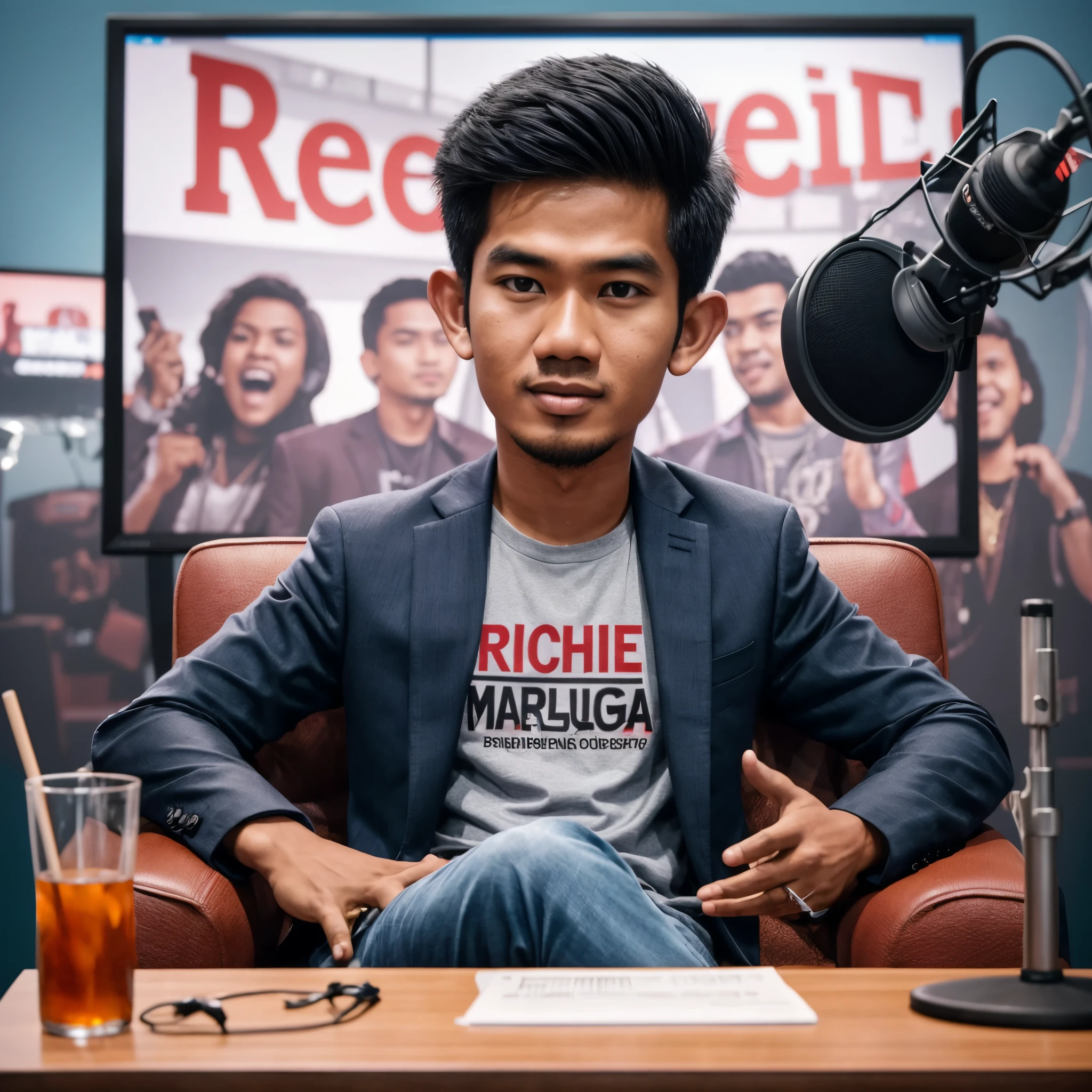 a reallistic caricature, a young Indonesian man sitting in front of a screen, a chest-high table in front of him, wearing a blazer and a t-shirt that says "RICHIE MARLUGA", in a recording studio, apparently explaining something