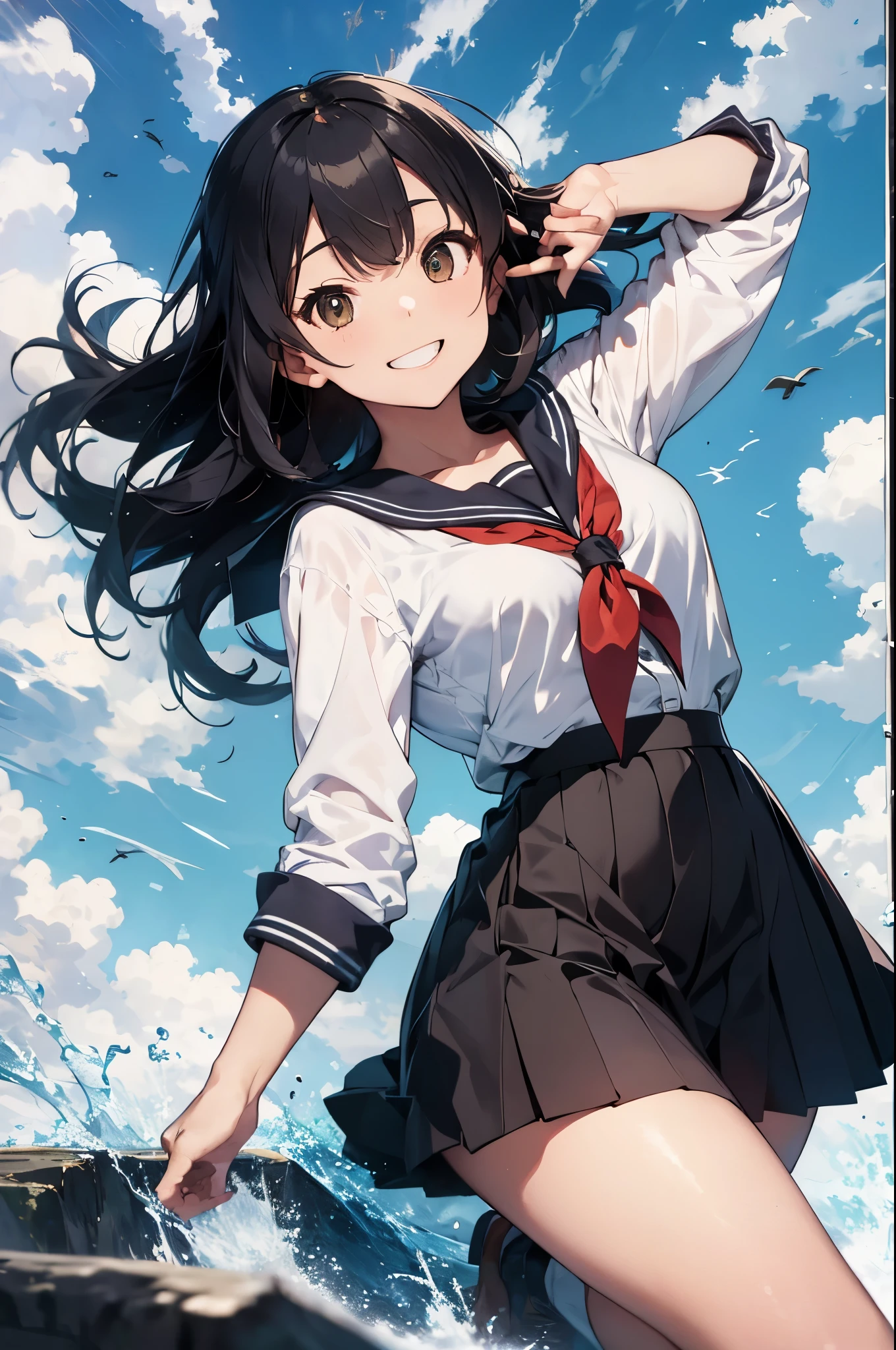 slender beautiful girl, alone, evangelion, shikinami asuka langley, {white plug suit}, school swimsuit, top quality, fine details, no blush, small breasts, small eyes, blue sky, splashing, hands on hips pose
