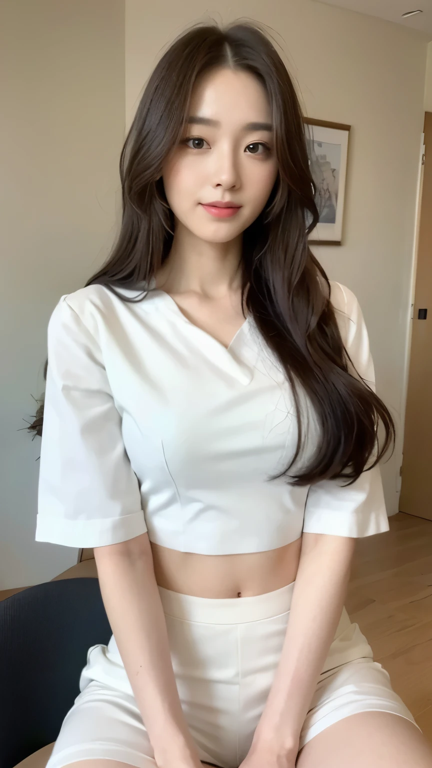 ((top-quality、8k、​masterpiece:1.3))、Beautiful woman with perfect body:1.4、slim abdomen:1.2、Longhair, normal breast, Highly detailed facial and skin texture, A detailed eye, delicate eyes, double eyelid, (smile), (full body shot), ((office 1.2)), (sitting on chair), ((wearing white uniform)), looking in front