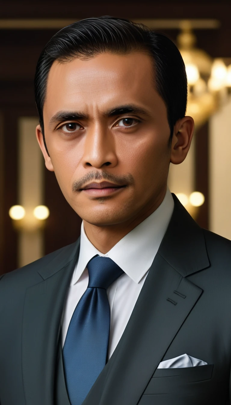 a Indonesia Man  30 years, standing with in suit and tie, body and head straight in the photo, facing the viewer of the photo, eyes fixed to the lens, appears shoulders and head in the photo, man centered in the photo, 8k, best quality, masterpiece, realistic, realistic photo, movie photo, ultra realistic, 1 person, detailed, perfect lighting,  DSRL, professional photo