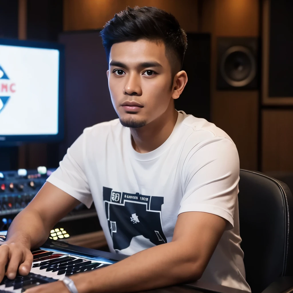 a reallistic caricature, a young Indonesian man sitting in front of a screen, a chest-high table in front of him, wearing a blazer and a t-shirt that says "RICHIE MARLUGA", in a recording studio, apparently explaining something 
