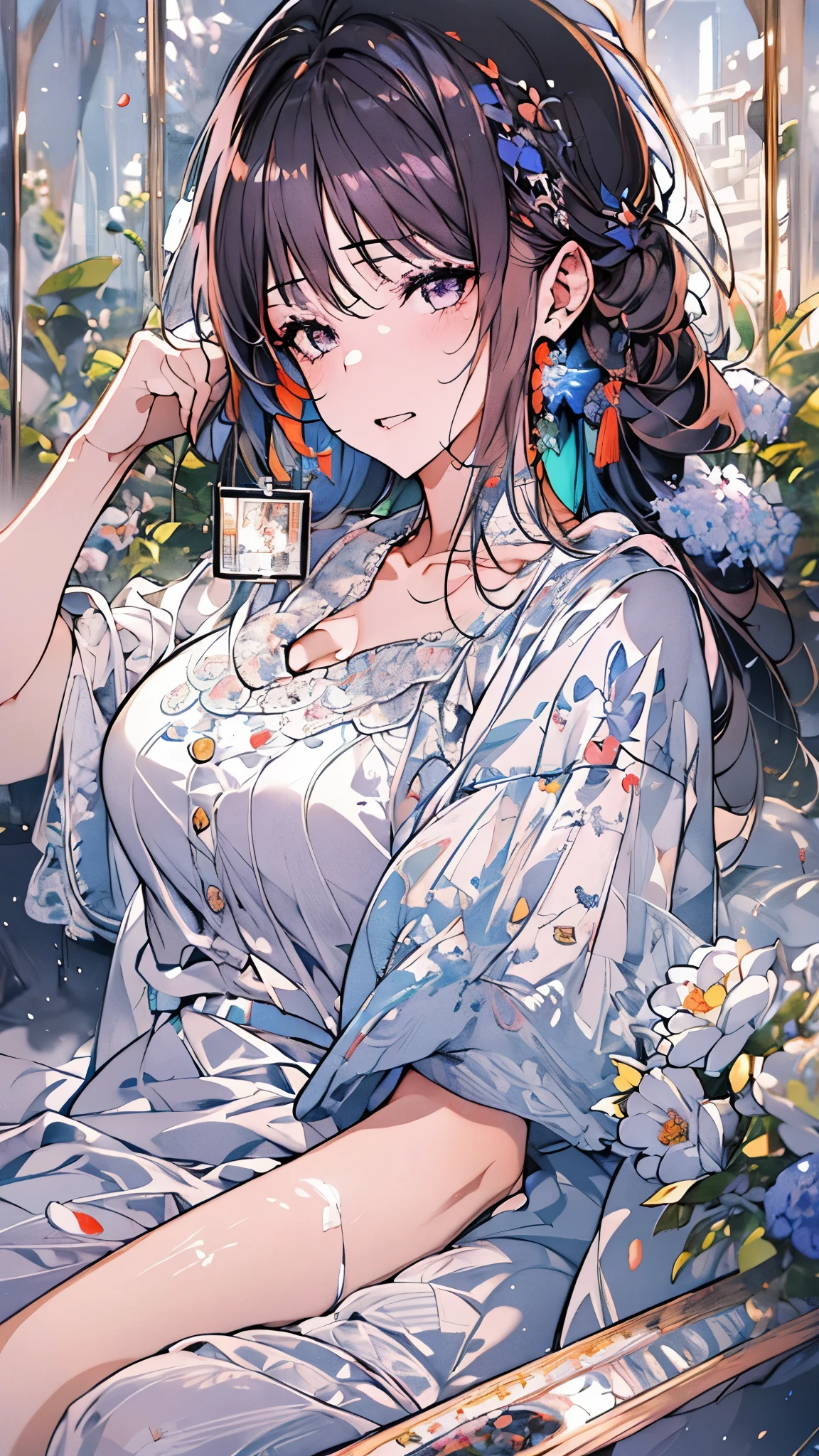 ((8K resolution))、((highest quality))、((masterpiece))、((Super detailed))((((dramatic))), (((Rough feeling))), (((intense)))、jagged teeth、sister、morning、bed、smartphone、alarm、Eye mask、Yawn、tattoo、short hair、lavender field、twilight、twilight、flower々、star、flower火、Clear shadows、lively, front,rich colorful，have confidence，coil，scene，boldness，to attract attention，smart、tendency、i concentrate