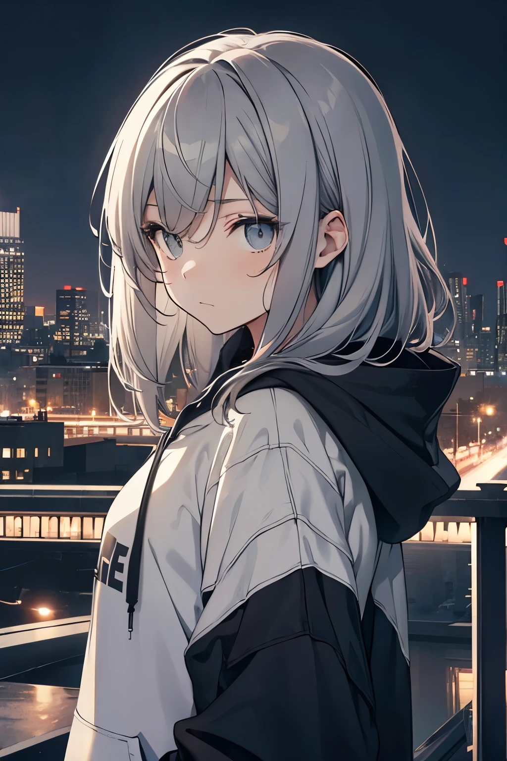 Faded tones, monochromes, Cool guy, Long bangs, Hipster Girl, lean girl, Grey Hair, Upper chest shot, monochromes, Black, Hoodie, No background, City at night, From Side、Black clothe、Black costume, ham