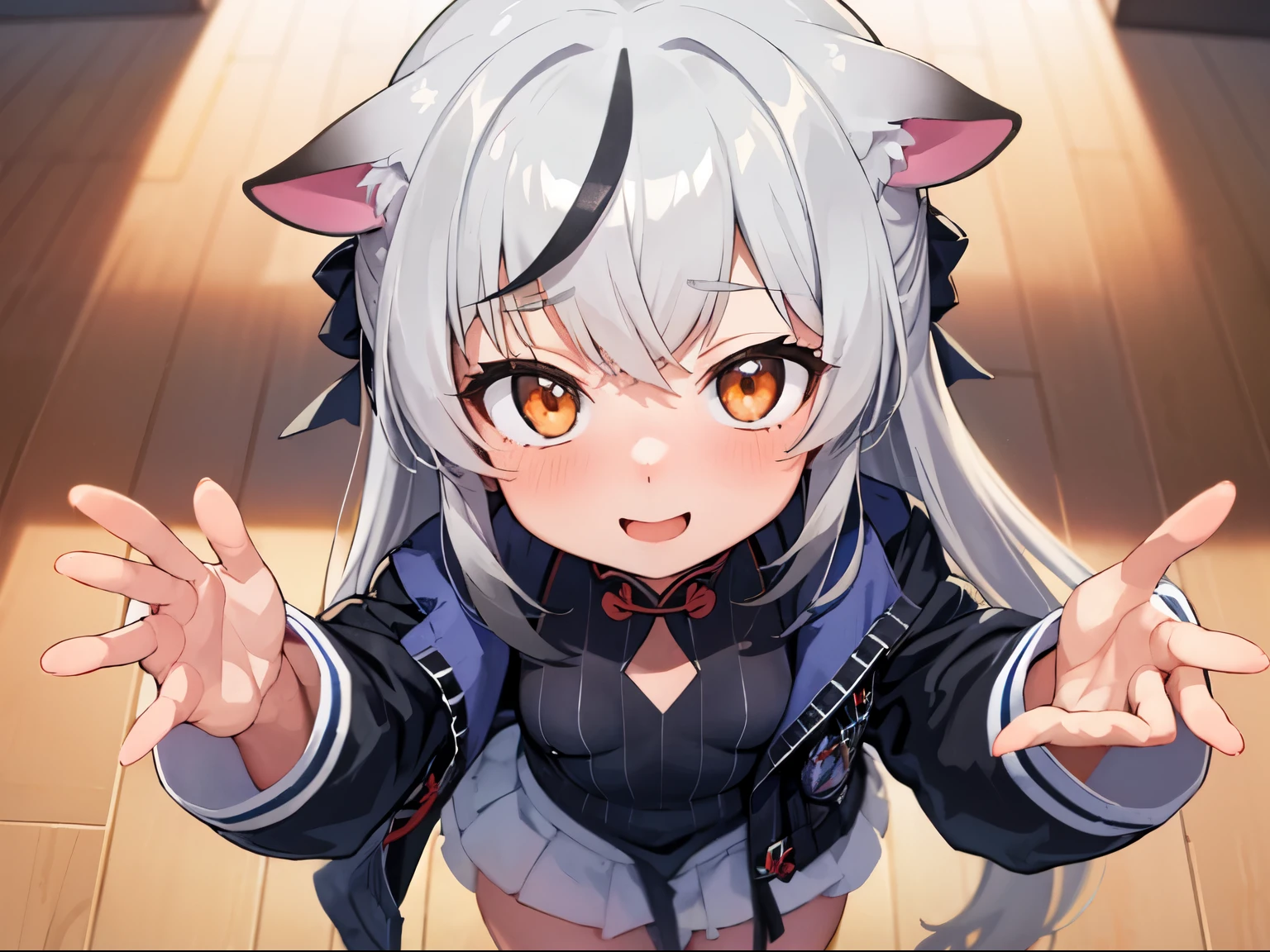 masutepiece, top-quality, ultra-details, Solo Focus, 
(1KOKONA, open arms for viewer), 
pigeon toed, 
, White hair, Orange Eye, Smile:0.8, blush:1.3, 
Black clothes, Black jacket, White skirt, 
(From-front-above, Close-up Face:1.4),