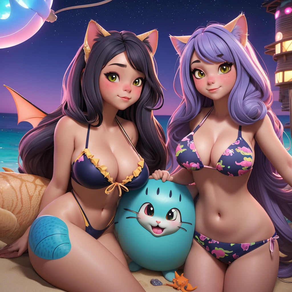 (Complex|multiple subjects)(Subject 1: A busty young woman (age20), cute face, long hair, modest swimsuit) has a beach party with a pride of (subject 2: cat themed dragons, cat sized), night