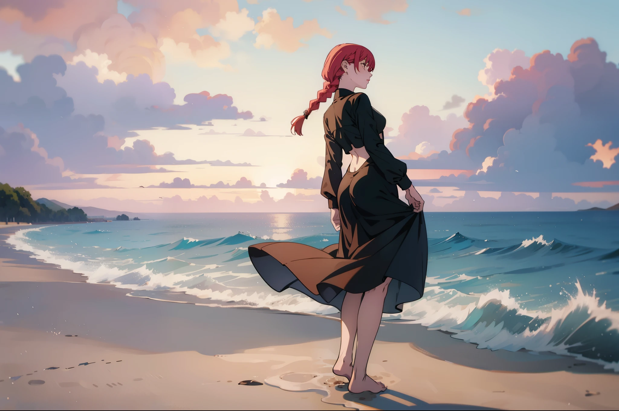 Solo,1girl,a beautiful woman in a tight black dress with long sleeves, from behind, looking back, on a beach, panoramic horizon, sunset, beautiful landscape, masterpiece, stunning body, big ass, barefoot, redhead, braid ,showing her ass, lifting her skirt,entering the water, footprints in the sand