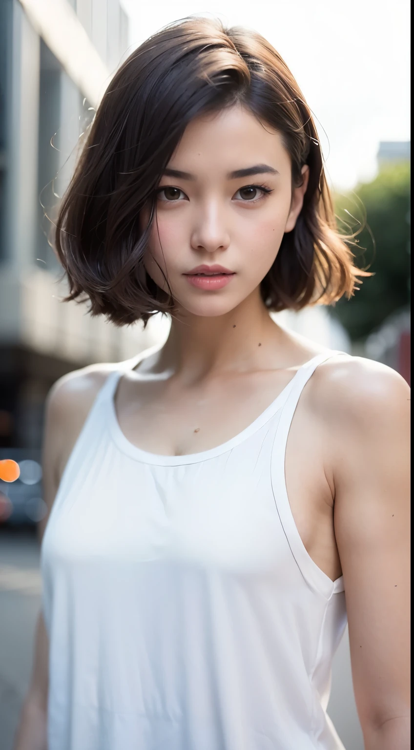 Girl with Camera, mix 4,(8k, RAW photo, highest quality, masterpiece:1.2), (realistic, photo-realistic:1.37),1 girl,cute,cityscape, night, rain, Wet, professional lighting, photon mapping, radio city, Physically based rendering, gradient brunette hair, short curly hair, good looking, Girly, white ball set, Great image quality, High resolution, 1080p, (clean face), (Detailed facial description), (detailed description of handasterpiece), (Detailed CG), extreme light and shadow, messy hair, masterpiece, Rich details, (exquisite features), (best image quality), (masterpiece), (fine eyes), look forward to your eyes, delicate clavicle