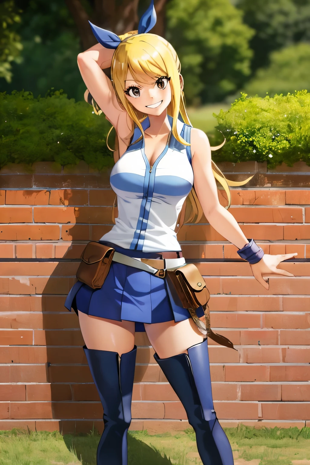 (masterpiece, best quality:1.2), solo, 1girl, lucy heartfilia, grin, looking at viewer, arms behind back, blue sleeveless shirt, miniskirt, belt pouch, thigh boots