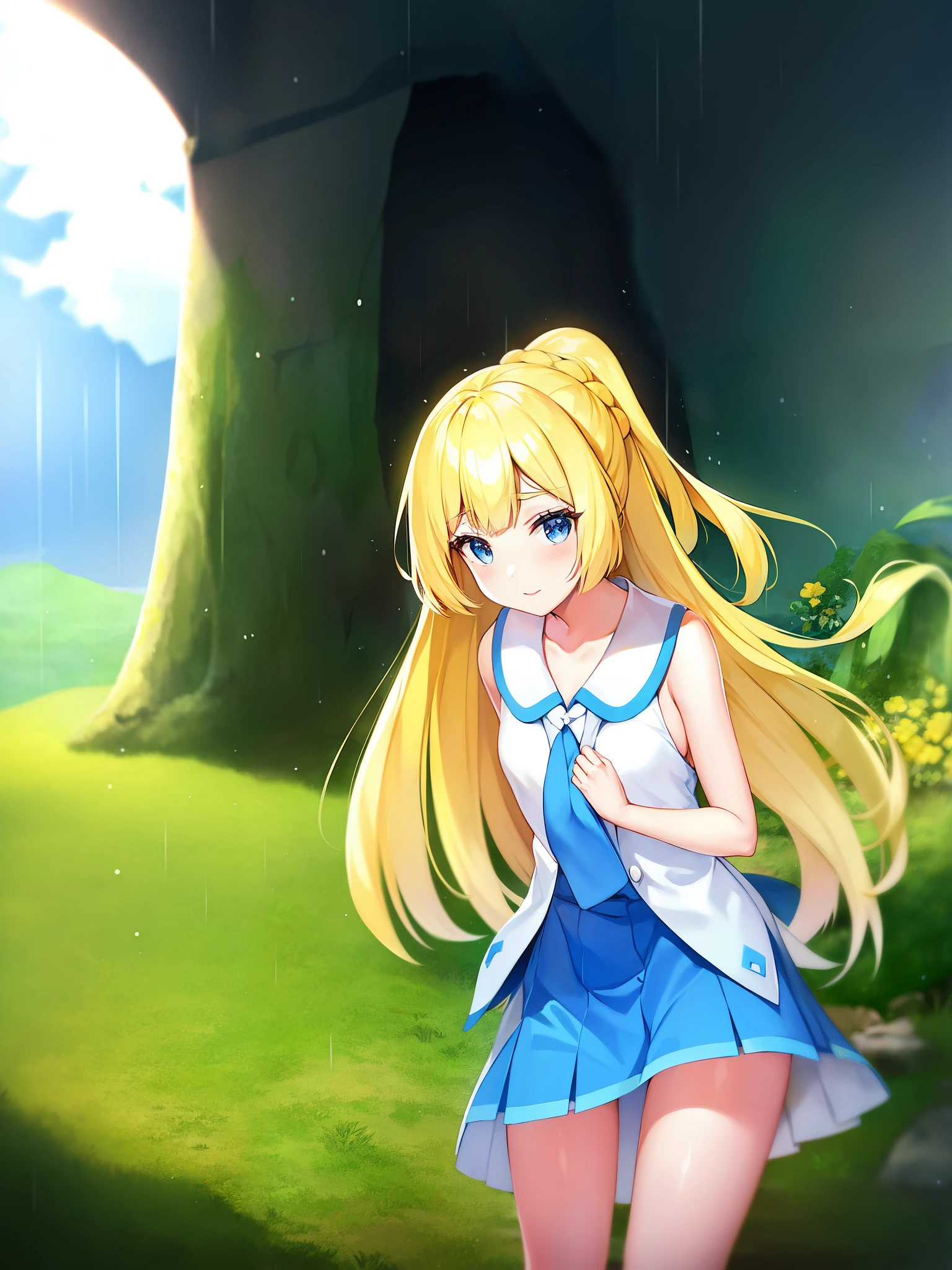 Pokémon、sunset、Tropical Alola region、Lillie、Snow-white skin and long pale blonde hair、White princess-line sleeveless dress and white wide-brimmed hat、french braid、high ponytail、blue mini skirt、blue pleated skirt、sailor color、shirt、short sleeve、blue skirt、白いshirt、white skirt「Lady」、blonde girl、Pippi Ningyoya Cosmetics、orthodox heroine、Lily flower、Escape from the rain and take shelter together in a cave、Lillieは月の象徴で、Hau is the image of the sun。Lillieが月ではなく、I will become a shining sun」、pacifist、Directional tone deafness、