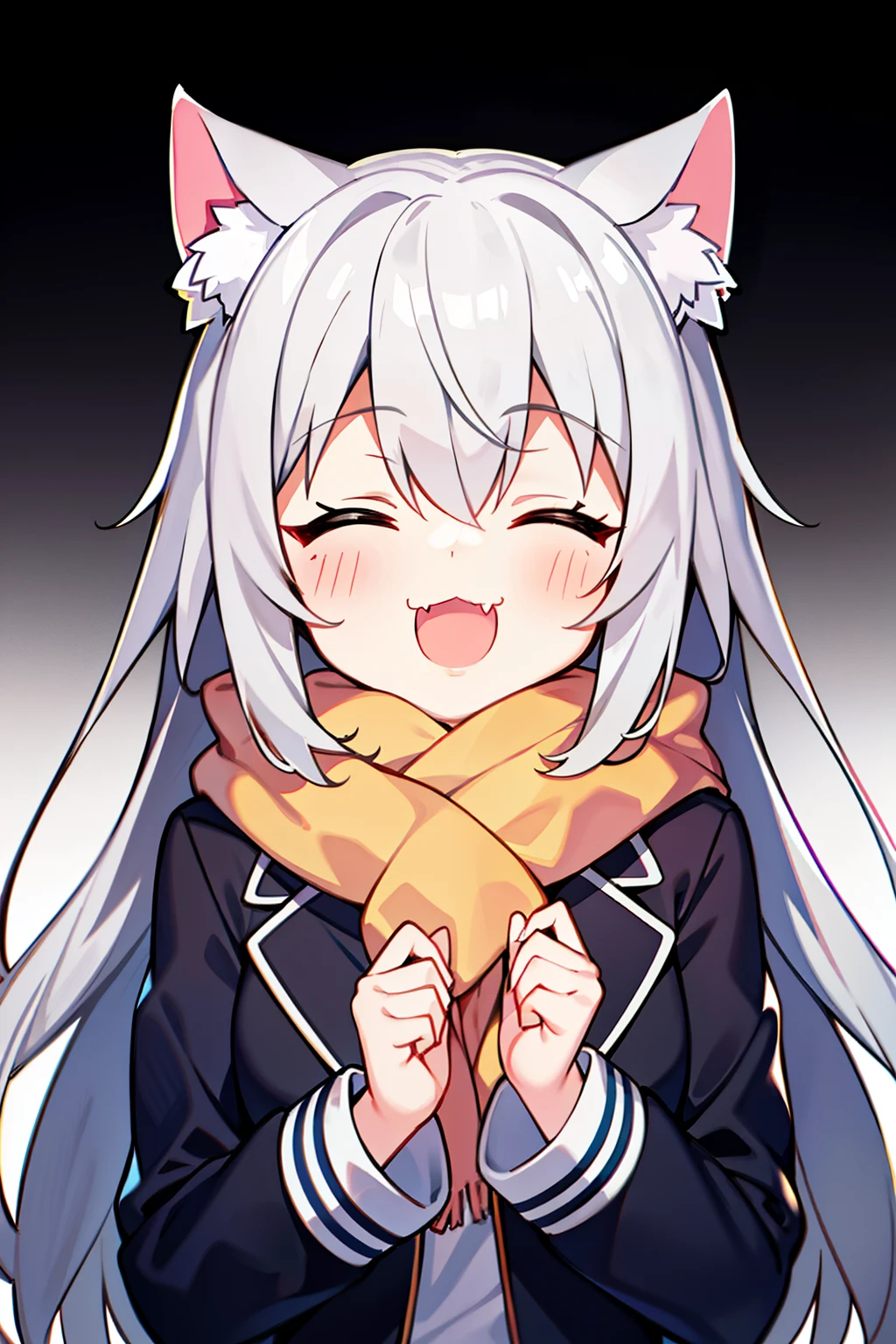 Masterpiece, Excellent, 1girl, gray hair, medium long hair, cat ears, closed eyes, looking at the audience, :3, cute, scarf, jacket, white background, fang, high quality, UHD
