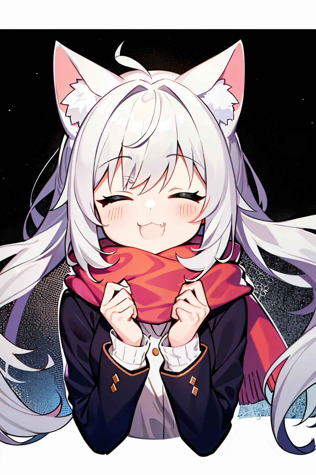Masterpiece, Excellent, 1girl, gray hair, medium long hair, cat ears, closed eyes, looking at the audience, :3, cute, scarf, jacket, white background, fang, high quality, UHD
