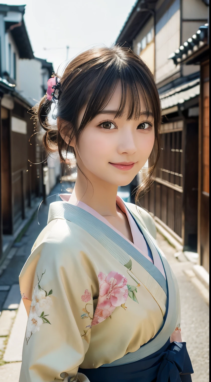 professional lighting,(Photoreal:1.4), (Top image quality:1.0), (超A high resolution:1.0), 8k, Raw photography, (masterpiece:0.2), (Pueros face_v1:0.5)、(最高quality Detail:1.2)、realistic、8k UHD、High resolution、(1 girl:1.2)、超detailedな、High quality textures、intricate details、detailed、Very detailed CG、High quality shadows、detailed 美しく繊細な顔、Beautiful details and delicate eyes、(symmetrical eyes:1.2),Depth of the bounds written、ray tracing,1 girl, japanese girl, (natural smile:1.4),cute, thin, Portrait of a beautiful Japanese woman wearing a kimono, Standing elegantly on a street corner in Kyoto. A kimono with bright traditional patterns, Hair decorated with an elegant and delicate hairpin, and a gentle expression. (Against the backdrop of the old streets of Kyoto:1.4)、soft light on a spring afternoon、adds tranquility to the scene. Rendered in a realistic style with great attention to detail, High resolutionの画像.sky porn, magic hour, (realistic:1.3), finely, quality, (table top:1.2), (realistic:1.2), (最高quality), (複雑なdetailed), dramatic, ray tracing, photograph, +roller