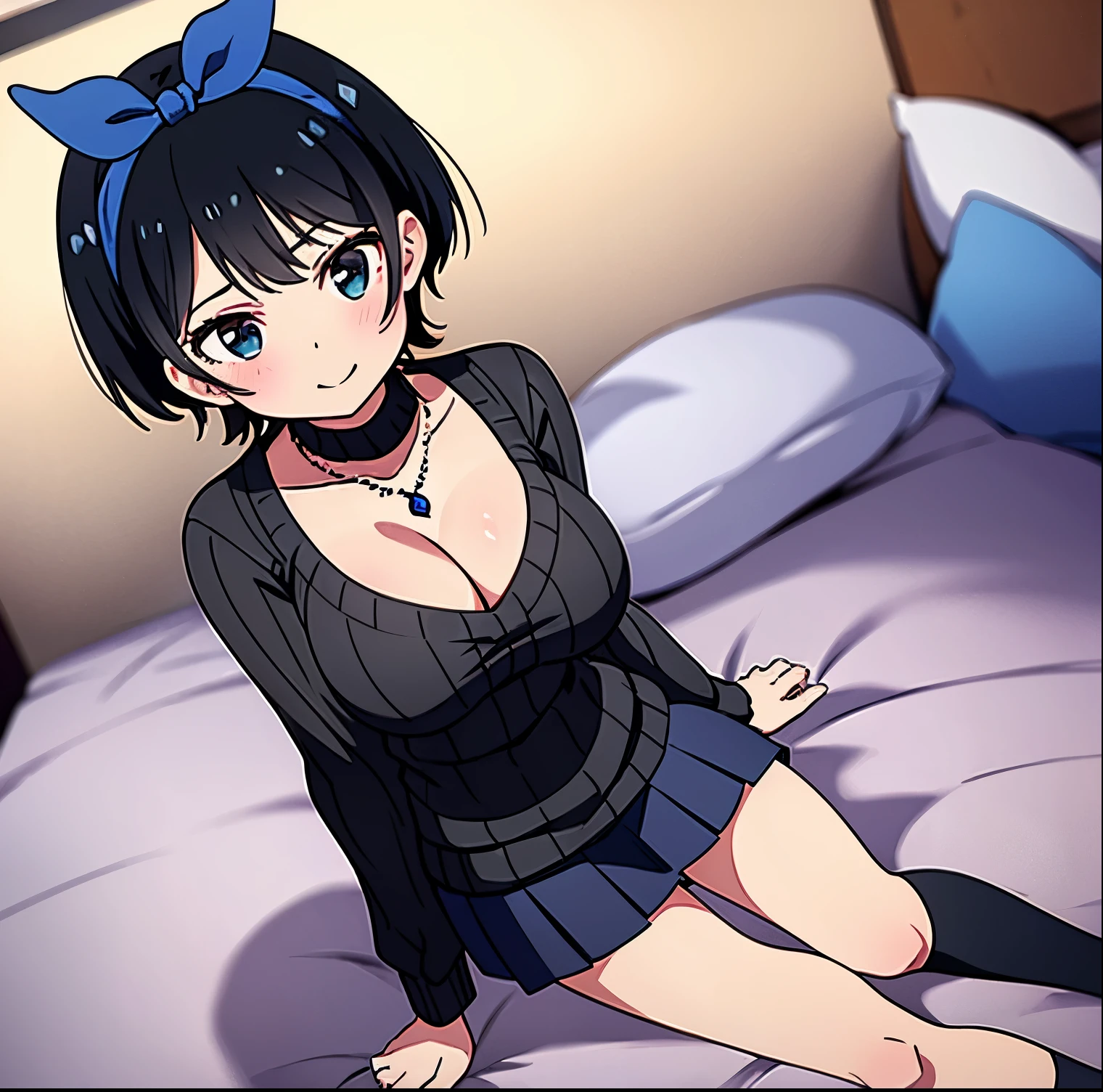 Main piece、high quality、High resolution、1 girl,single, Ruka Sarashina、jewelry、skirt、sweater that exposes the chest、necklace、black skirt、black hairの女性、short hair、black hair,beige ribbed sweater、socks、sweater with turtleneck、turtleneck、white socks, blue eyes, long sleeve, skirt pleated black, bow, bow, blue hair band, bangs, big full breast, cleavage, Medium waist, medium hips, wide thighs, Cowboy photos, smile, fascinating, embarrassing, hotel room, At the bed, on all fours , looking at the viewer,throw(From above),very big breasts、cleavage、no bra、no panties、no panties