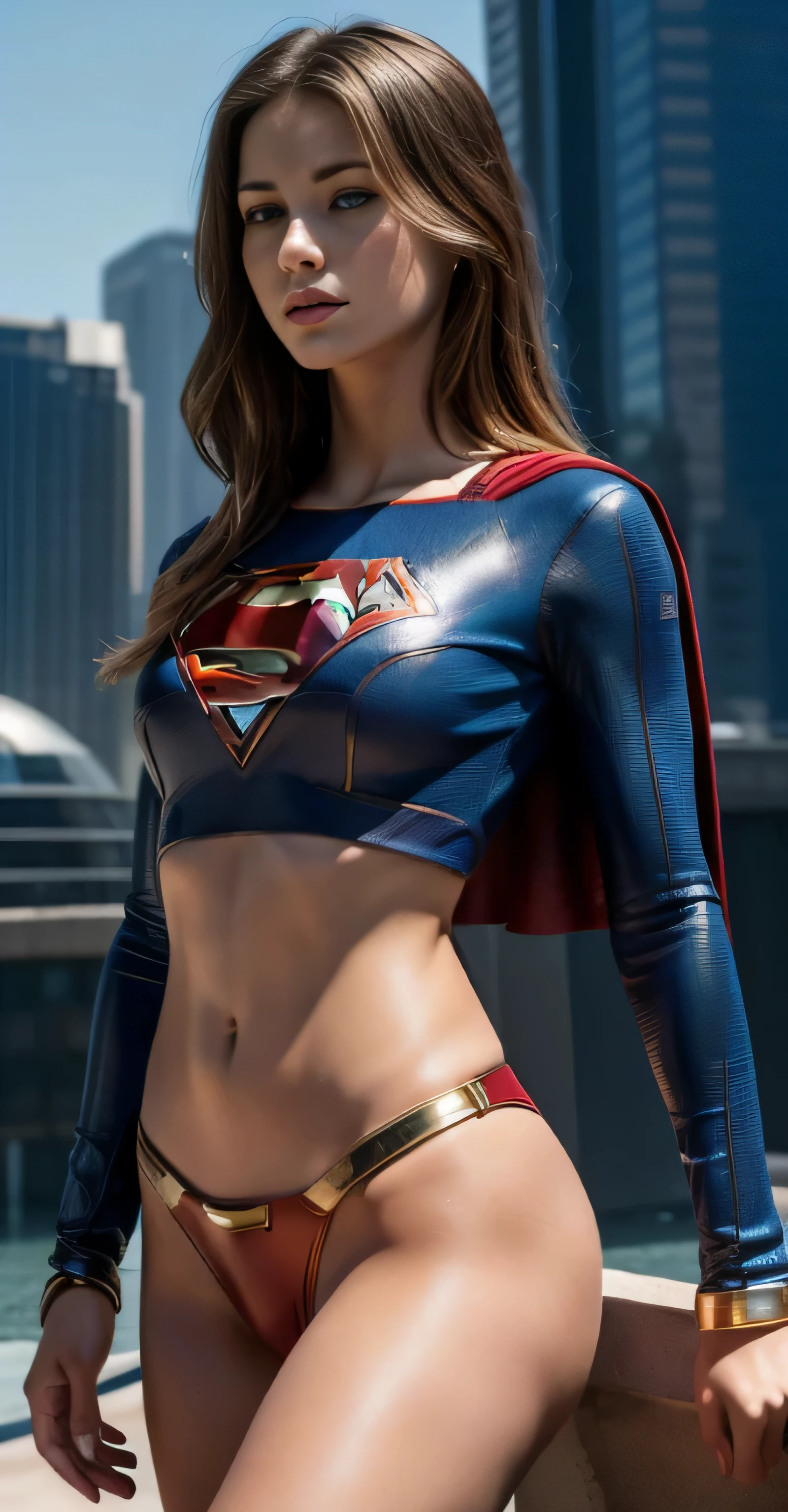 ((masterpiece, 8K, 3D, Realistic, Super Detail)), (1girl:1.3), slender 17 age, Ultra Micro photography, Super realistic, Perfect face, Beautiful features, ((Perfect female body)) Beautiful features, ( body), ((small hip)), Melissa Benoist as Supergirl in 2 piece Bikini, ((Exposed thigh)), Exposed Skin, Front Full body Shot, full body portrait, futuristic city background