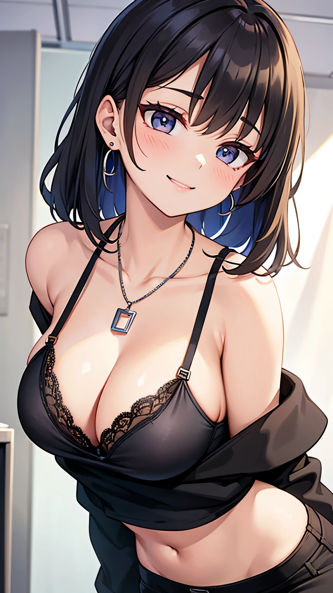 OL, office lady, panty, black bra, smile, necklace, earrings, front view, whole body, low angle,