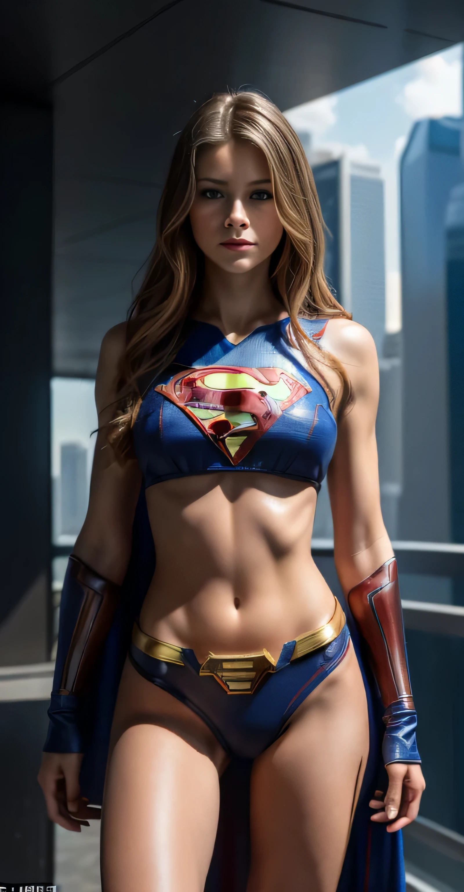 ((masterpiece, 8K, 3D, Realistic, Super Detail)), (1girl:1.3), slender 17 age, Ultra Micro photography, Super realistic, Perfect face, Beautiful features, ((Perfect female body)) Beautiful features, ( body), ((small hip)), Melissa Benoist as Supergirl in 2 piece Bikini, ((Exposed thigh)), Exposed Skin, Front Full body Shot, full body portrait, futuristic city background