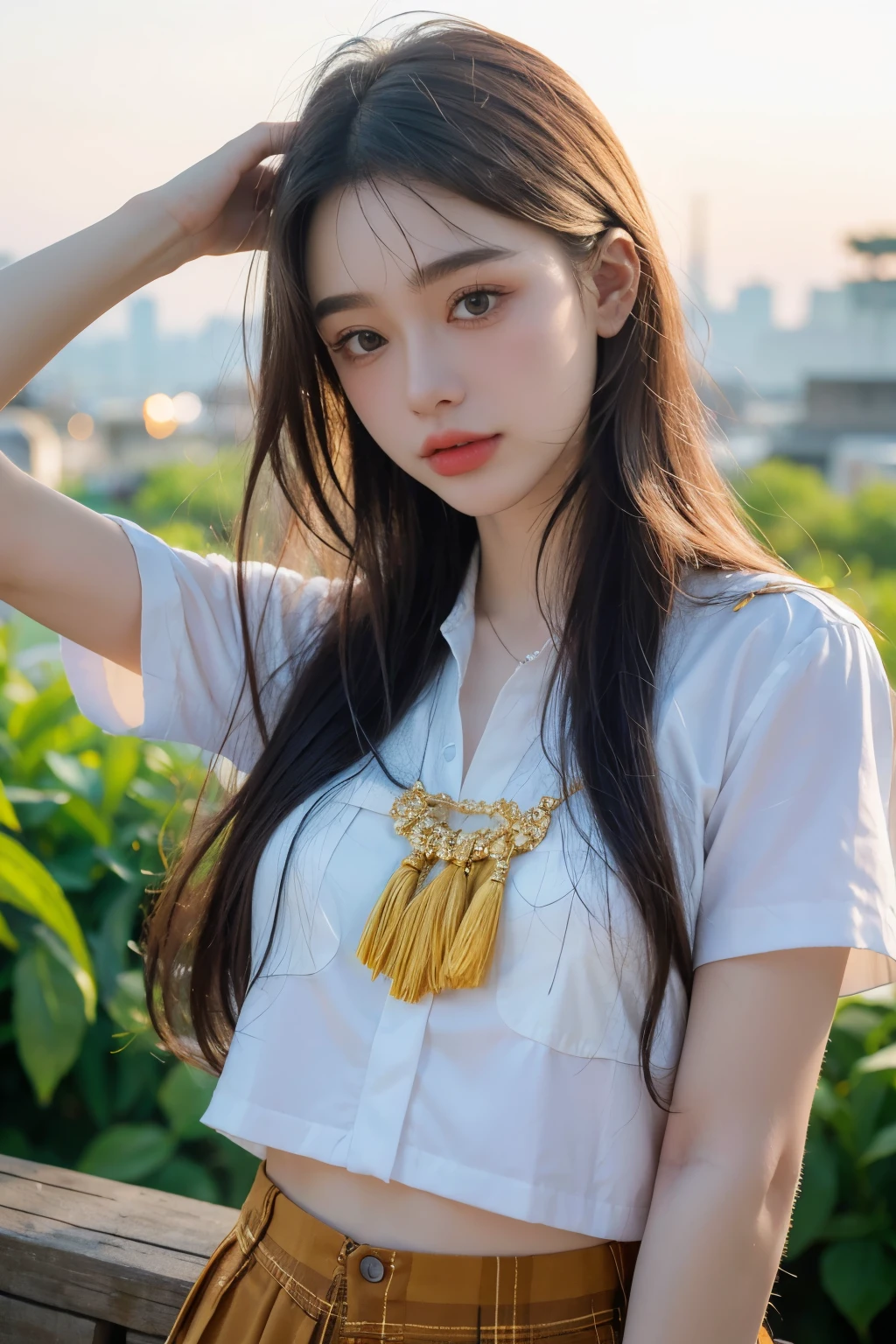 (8k, highest quality, ultra detailed:1.37), (Dina), 18yo, (a free-spirited Javanese girl), embraces the bohemian festival atmosphere. She wears a Indonesia school uniform. The high-resolution image captures ultra-detailed realism, highlighting Dina's captivating eyes, long eyelashes, and smooth complexion. The vibrant festival setting adds an energetic and colorful backdrop to showcase Dina's carefree and artistic personality.