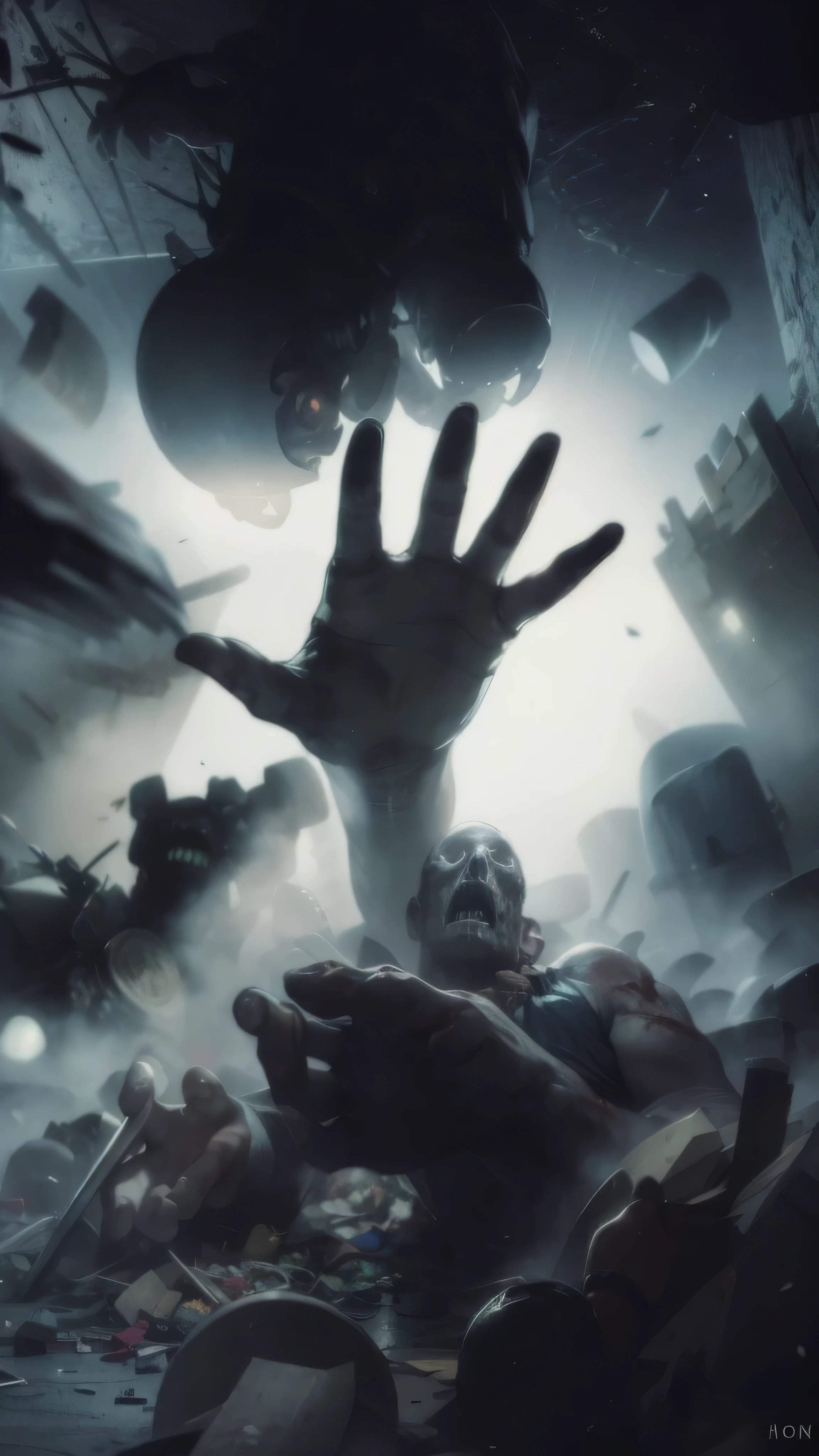 Close-up of a zombie hand sticking out of a pile of trash, Zombie arms stretched forward, game critical art, photorealistic dark concept art, valve promotion splash ink art, cover game art, zombie shadow, WW2 attack zombies, critical art, Detailed 4k horror artwork, game art, dark!, call of duty zombies, undead. Very detailed