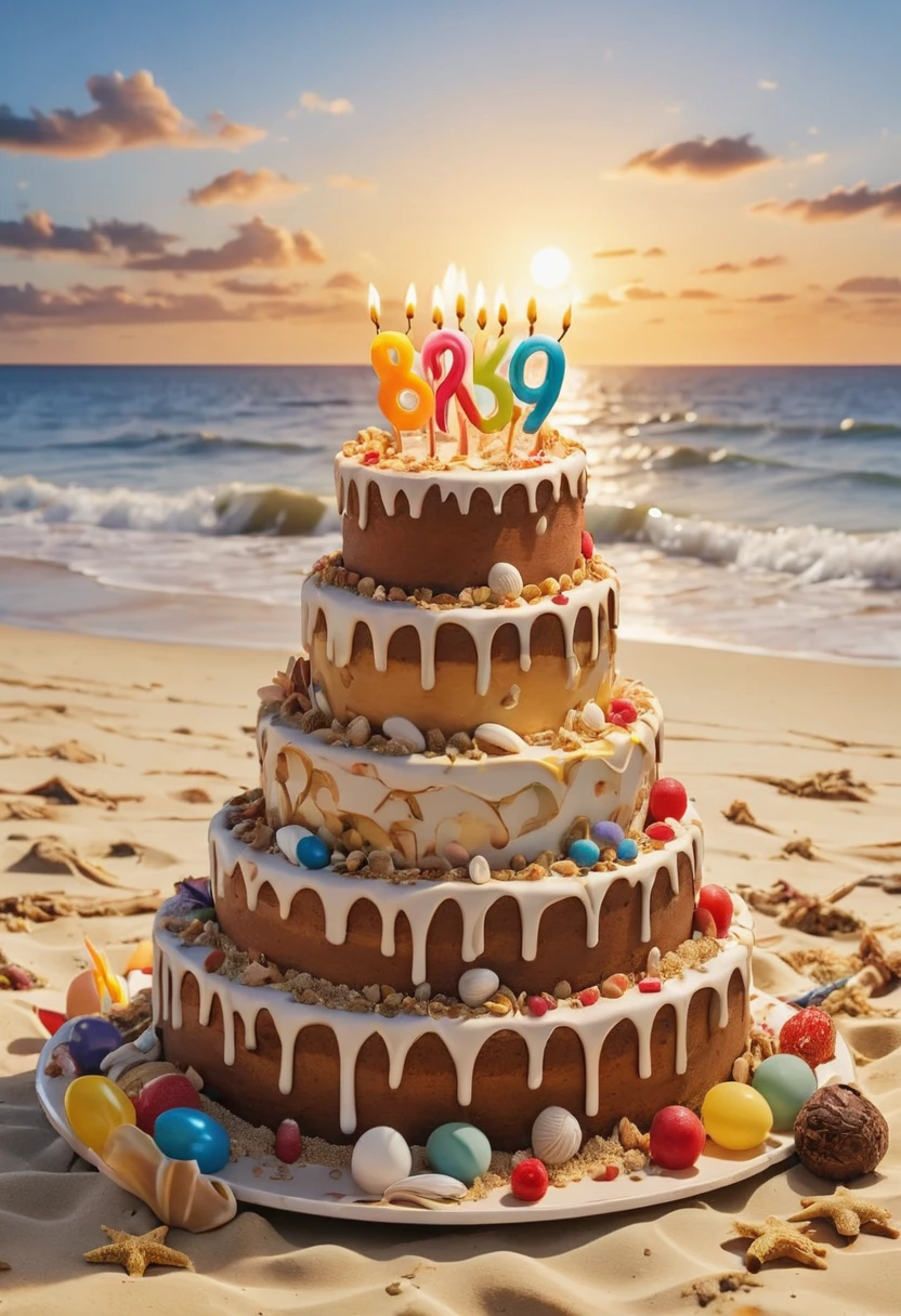 celebrate birthday on beach, (happy friends), birthday cake, best quality, masterpiece, Representative work, official art, Professional, Ultra intricate detailed, 8k