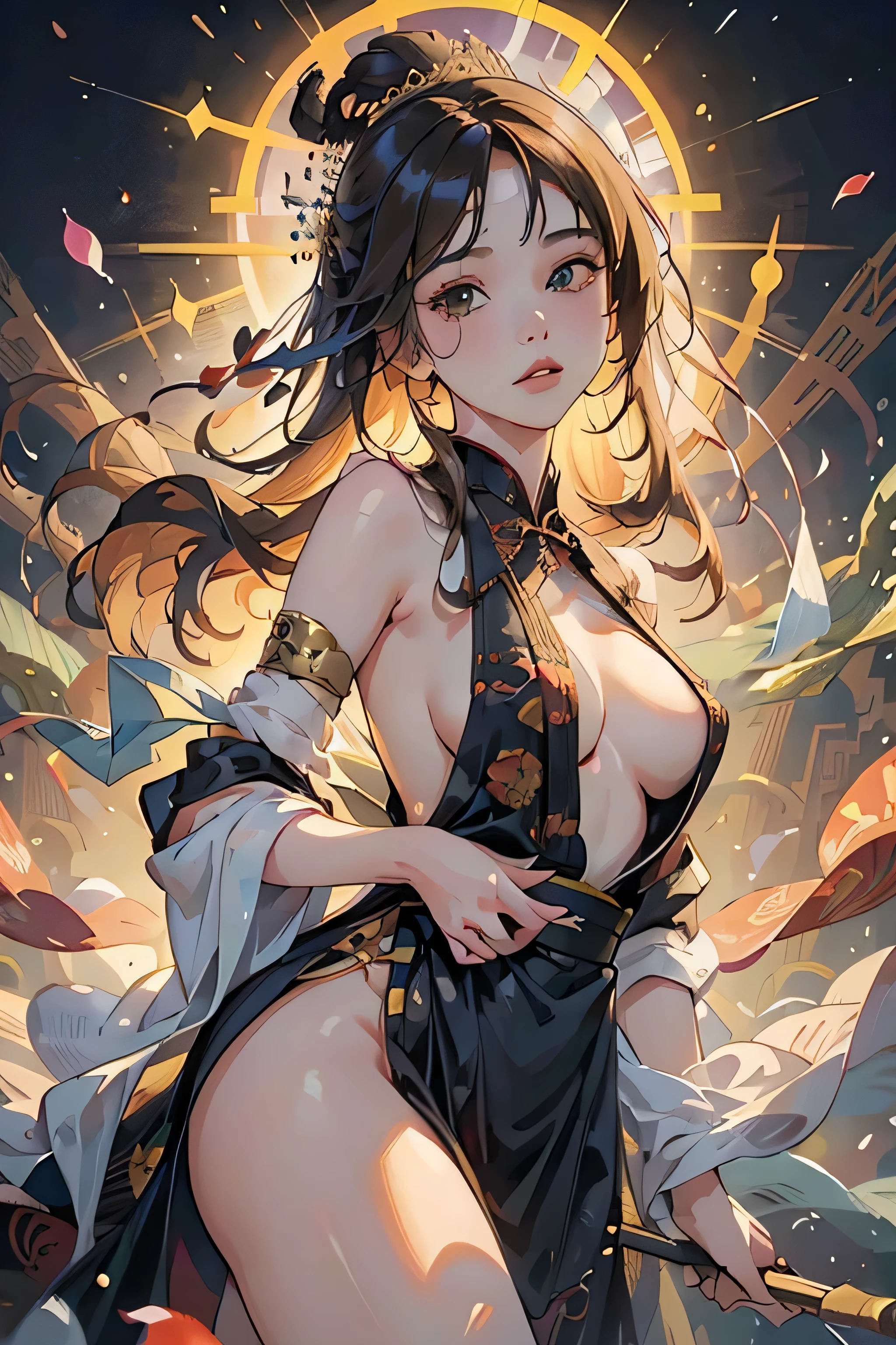((8k wallpaper of extremely detailed CG unit, masterpiece, hight resolution, top-quality, top-qualityのリアルテクスチャスキン)), (a very beautiful woman, Plump lips, The upper part of the body, Japanese pattern blouson:1.2, Japanese pattern micro mini shorts:1.2), (A dark-haired, hair messy, de pele branca, small tit), ((Colorful background with geometric patterns, Japanese pattern background, warm color)), (hyper realisitic, digitial painting),nsfw,slender body shape, (Hyper-realistic) , (illustration), (Increase the resolution), (8K), (RAW photos,best qualtiy),(realisticlying,photograph realistic:1.3),best qualtiy,highly detailed,tmasterpiece,Hyper-detailing,( the wallpaper), (Detailed face), solo,1girll,The is very detailed,dynamic angle,cow boy shot,The most beautiful form of chaos,elegant,Fauvist design,vivd colour,Goddess of romanticism,Model figure,ancient costume,best qualtiy,Extremely detailed jewelry,Peony petals,scenecy,rios|Wagas,nsfw, chinese dress, slender , black dress,dynasty, white top, black bottom