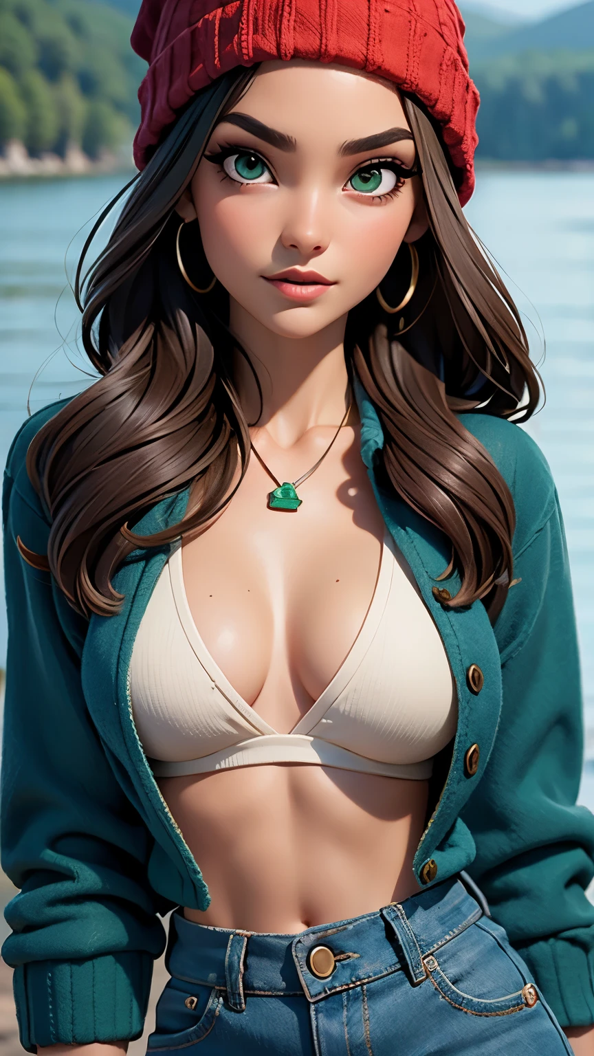 Very very very sexy girl, brunette hair style, wearing a woollen beanie, wearing red laced collar, wearing green jewellery, necklace, earnings, wearing a green jacket, body shot, Detailed skin, Detailed Face, Detailed Lips, Detailed Eyes, ((bule eyes)),  light make up, textured skin, super detail lighting, country background, summer atmosphere, lake, 