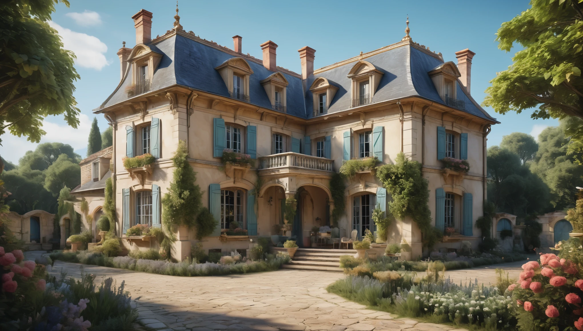 create an image demonstrating the style of ((French Provincial Style)) style, hyper realism, 8k high definition, vibrant colors, sharp focus, insanely detailed