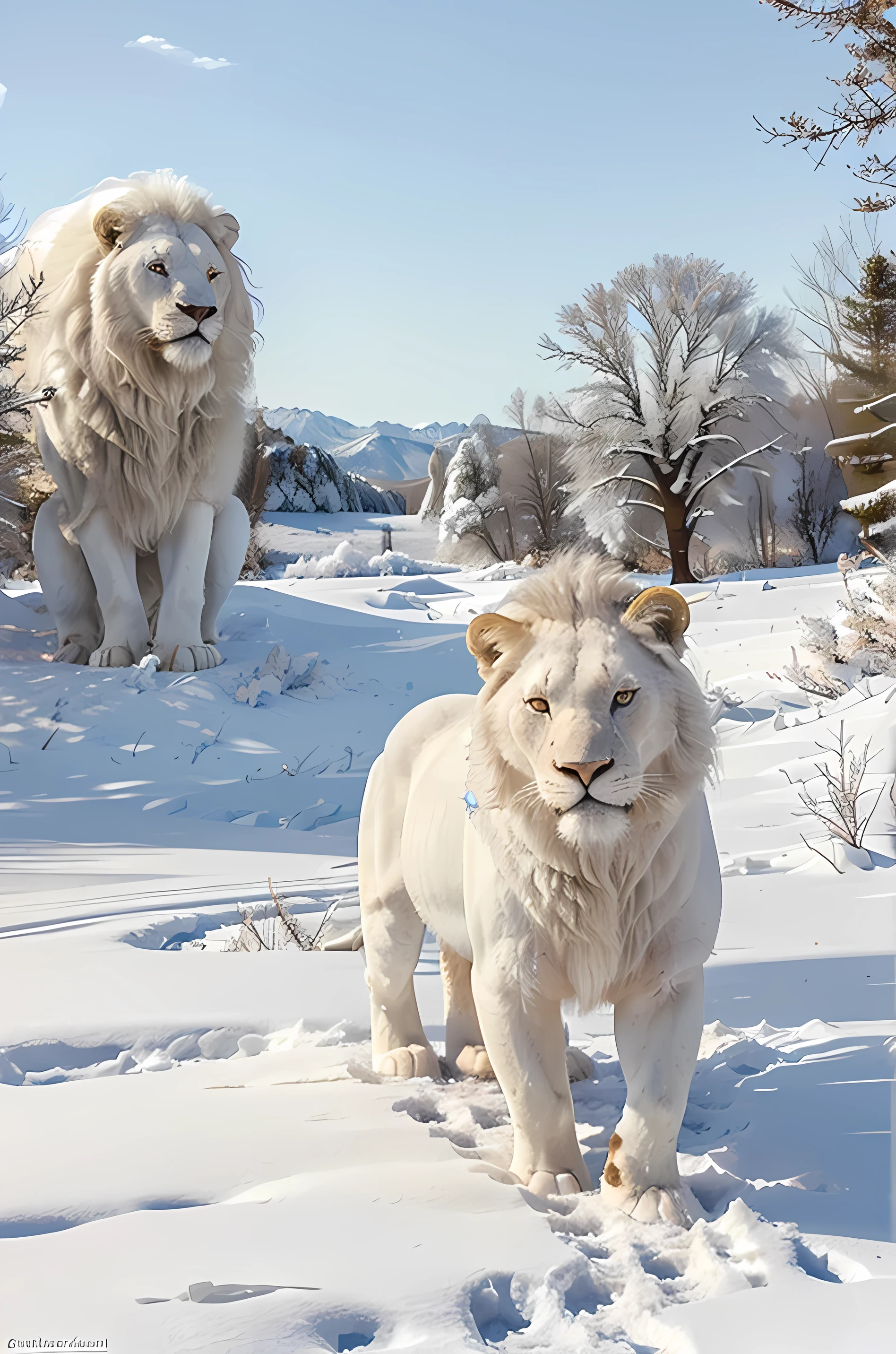 Imagine a scene of pure beauty and majesty: Large expanses of unspoiled snow, The blazing white color stretches as far as the eye can see. in this cold landscape, A white lion, Have flawless fur, Walk with supreme grace. as he advanced through the snow，His golden eyes shone with determination and calmness., Your footprints left soft traces on the soft snow. The purity of the environment contrasts sharply with the majesty of the white lions，Create stunning sights., Evoking wonder and awe at the beauty of wild nature.