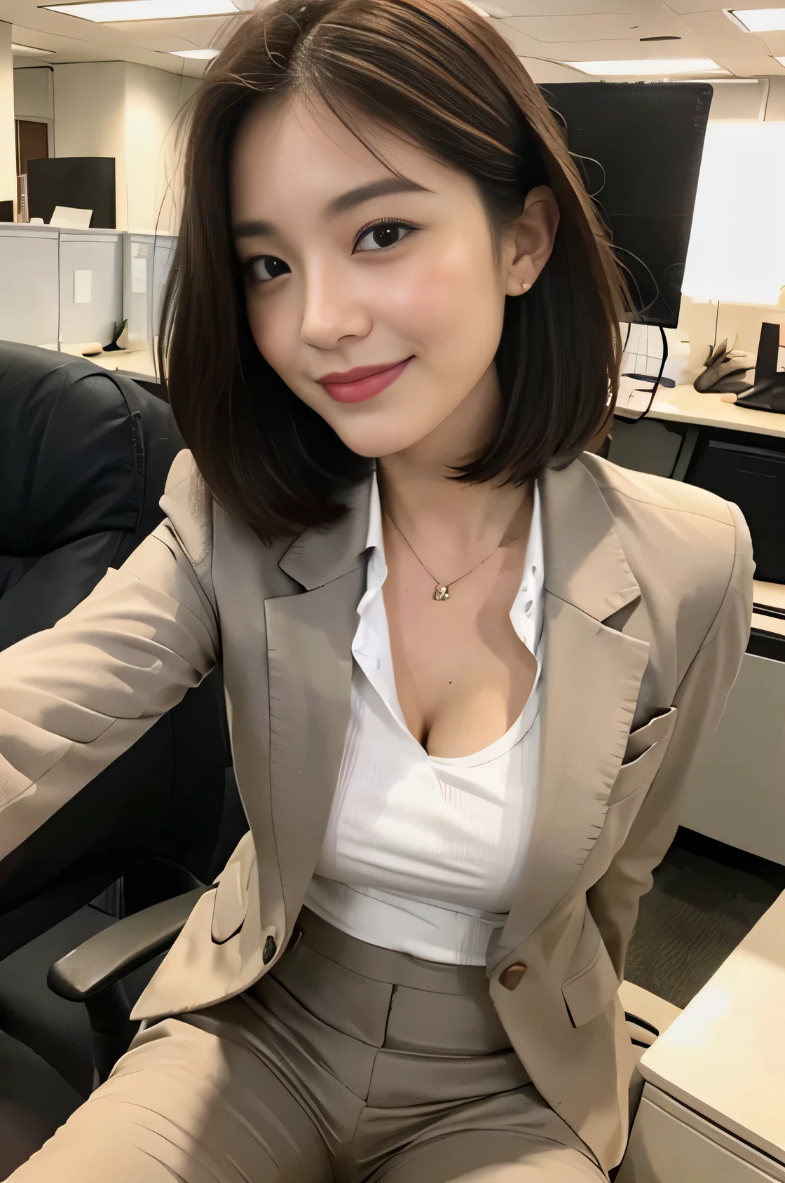Highly detailed CG Unity 8K wallpaper, highest quality, Super detailed, masterpiece, realistic, realistic, Highly detailed Japanese cute girl, (25 years old), blush, round eyes, thick eyebrows、 semi body shot, High resolution RAW color photos, professional photos, girl portrait、anatomically correct body shape、healthy body shape、blonde hair、bob cut、smile、beautiful waist、rough skin、Not too beautiful skin、Slight spots and freckles、smaller breasts、とてもsmile、dimples、smile showing teeth、tanned skin、no makeup、So that it is reflected up to the knees,Instagrammable、suit、formal attire、it in an office chair、I can see your pants