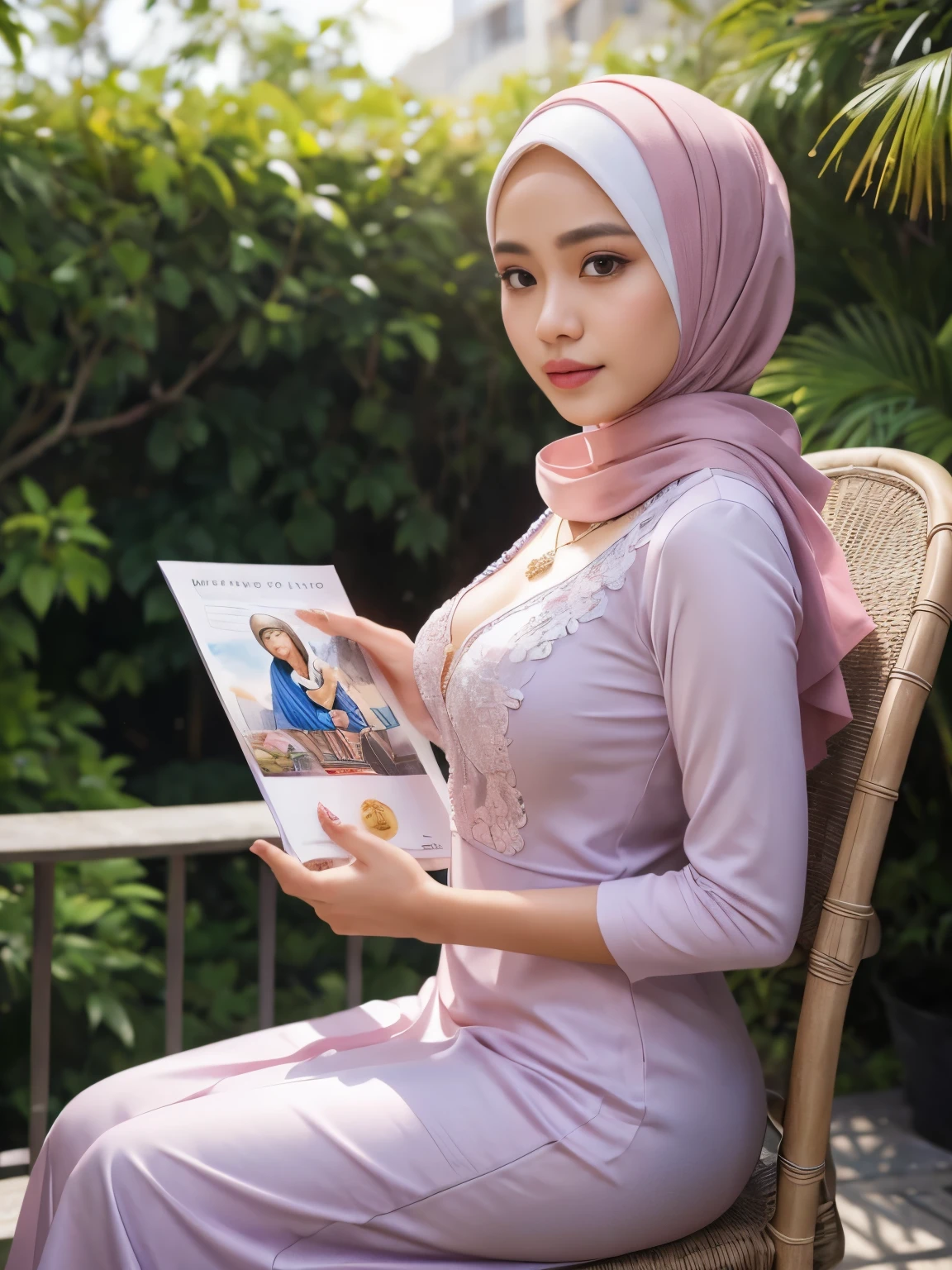 (((holding a brochure show it to viewer))), Hyper realistic, Beautiful, cute Face,  Indonesian women, (wearing hijab), light purple kebaya dress, luxury necklace, White Skin, sitting on chair, terrace, Perfect Potrait, Bokeh Effect, Look at Viewer, Perfect Eye, Perfect Hand, Perfect Finger, ((masterpiece:1.1)), ((bokeh:1.2)), side view,  full body shot, face incredibly detailed, lips, realistic skin, solo,medium breasts,skin tight, puffy ,facial, masterpiece,best quality, Intricate, High Detail, dramatic, wide view