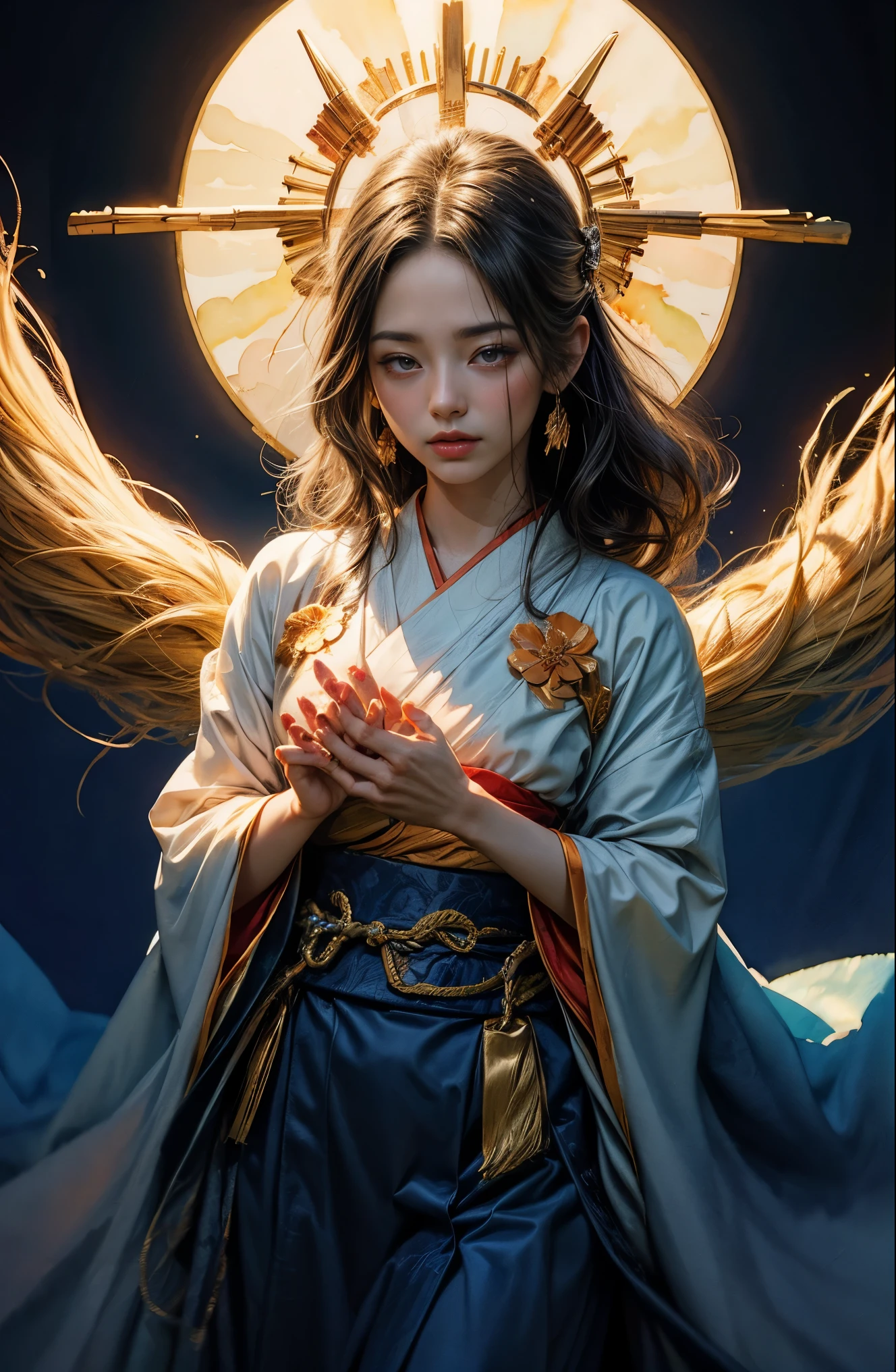 (table top, highest qualityの, highest quality, official art, (beautiful and aesthetic:1.4), (watercolor painting:1.4) ),  (Amaterasu:1.5), 日本god話のgod様々々, fleeting beauty, Existence like air illuminated by the sun, god&#39;grace, Calm and meditative look, flowing heavenly clothes, the glow of the sun illuminating the landscape, Dance of Light, whispers of ancient legends、日本god話、Venus、精god的な強さ