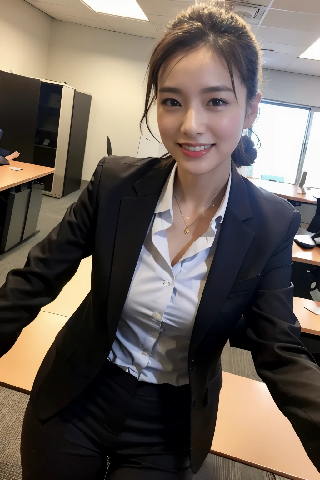 Erotic,selfie,tilted head,((realistic lighting, highest quality, 8k, master piece: 1.3)), clear focus: 1.2, 1 milf(Rose), wide angle lens, medium breasts,cleavage,beauty of perfect figure: 1.4, ((dark brown hair, half updo)), (suit and jacket under shirt and pants: 1.4), (At the office: 1.8), super detailed face, fine eyes, smile、