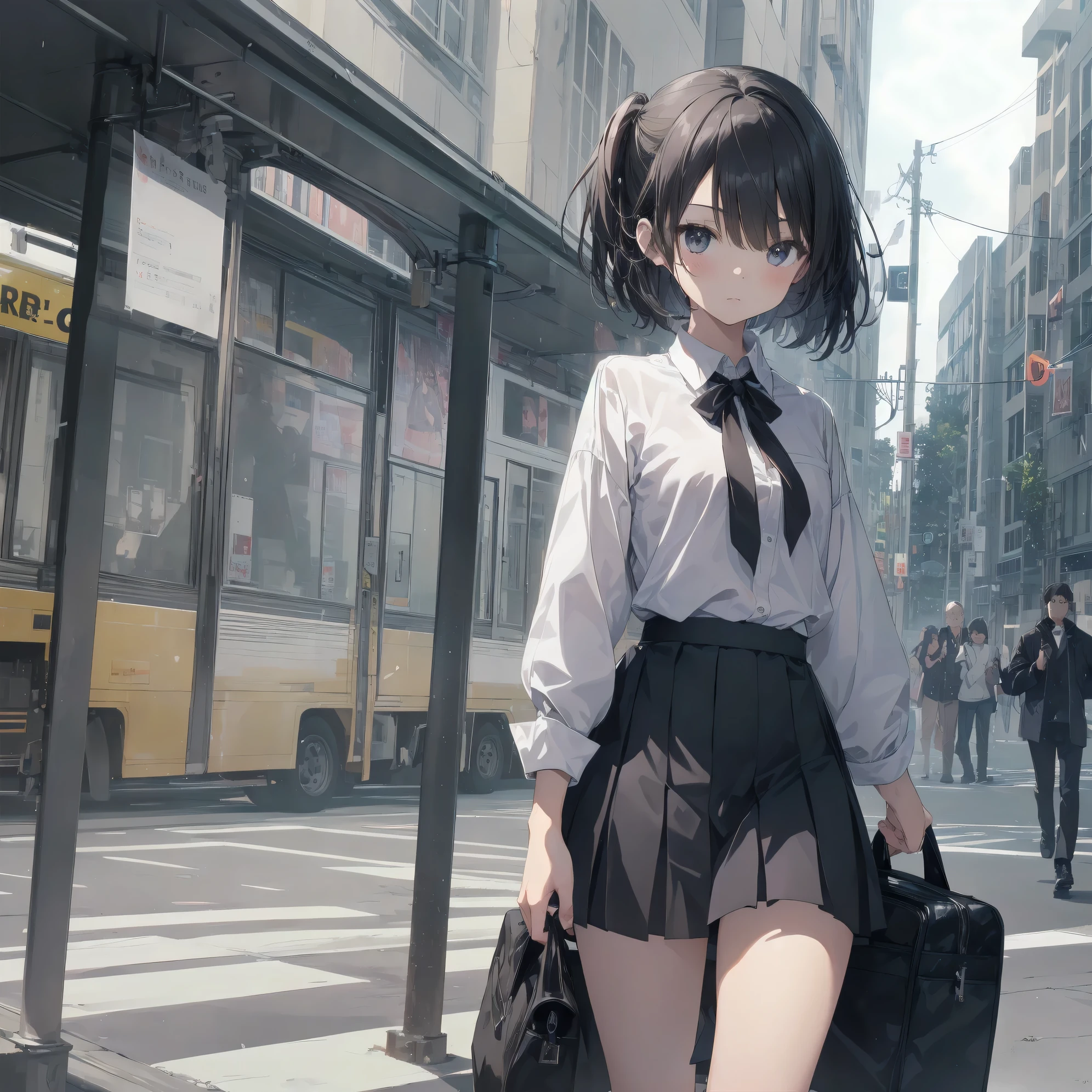 Super absurd quality by the god of art, super detailed, High resolution, ((artist:dark black,)) artist:Rinzo, artist:hakasesuitchi, anime moe art style, Best Anime 8K Kona-chan Wallpaper, pixiv contest winner, perfect anatomy, break,(眠そうにalone学校へ行く女の子を描いてください. )break,1 girl, (alone,little woman, 13 years old:1.3),All limbs, full finger,, The charm of an immature body, (very_short hair), bangs, small ass, between legs, small eyes, small black eyes, detailed and beautiful eyes, Well-proportioned iris and pupils, expressive eyes, sleepy eyes, High resolutionの詳細な髪, neck ribbon, skirt, collared shirt, pleated skirt, school uniform, school bag,(detailed lighting), (detailed background), On the way to school. break,super dense skin, Best cinematic lighting powered by famous artist, 8k,collaboration illustration,photoshop_(Moderate),Absurd Hi-Res,Hmm,rough skin