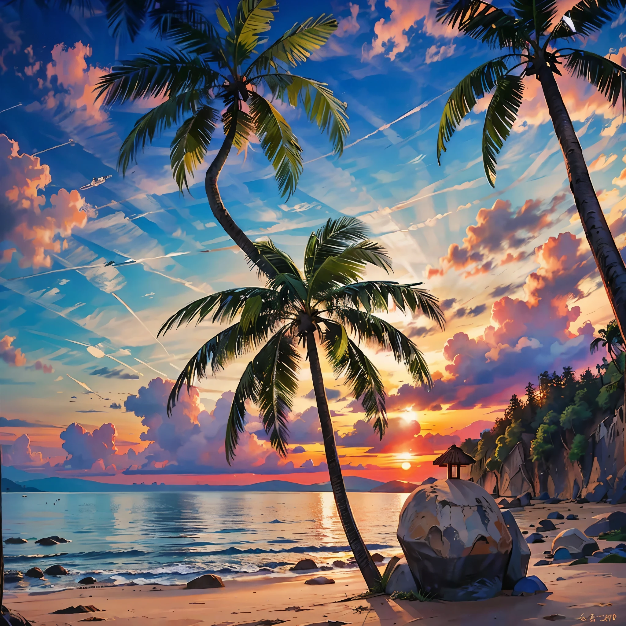 8k, best quality, masterpiece, ultra high resolution, (realism: 1.4), original photo, beach，reef，coconut tree，landscape photo，Photography