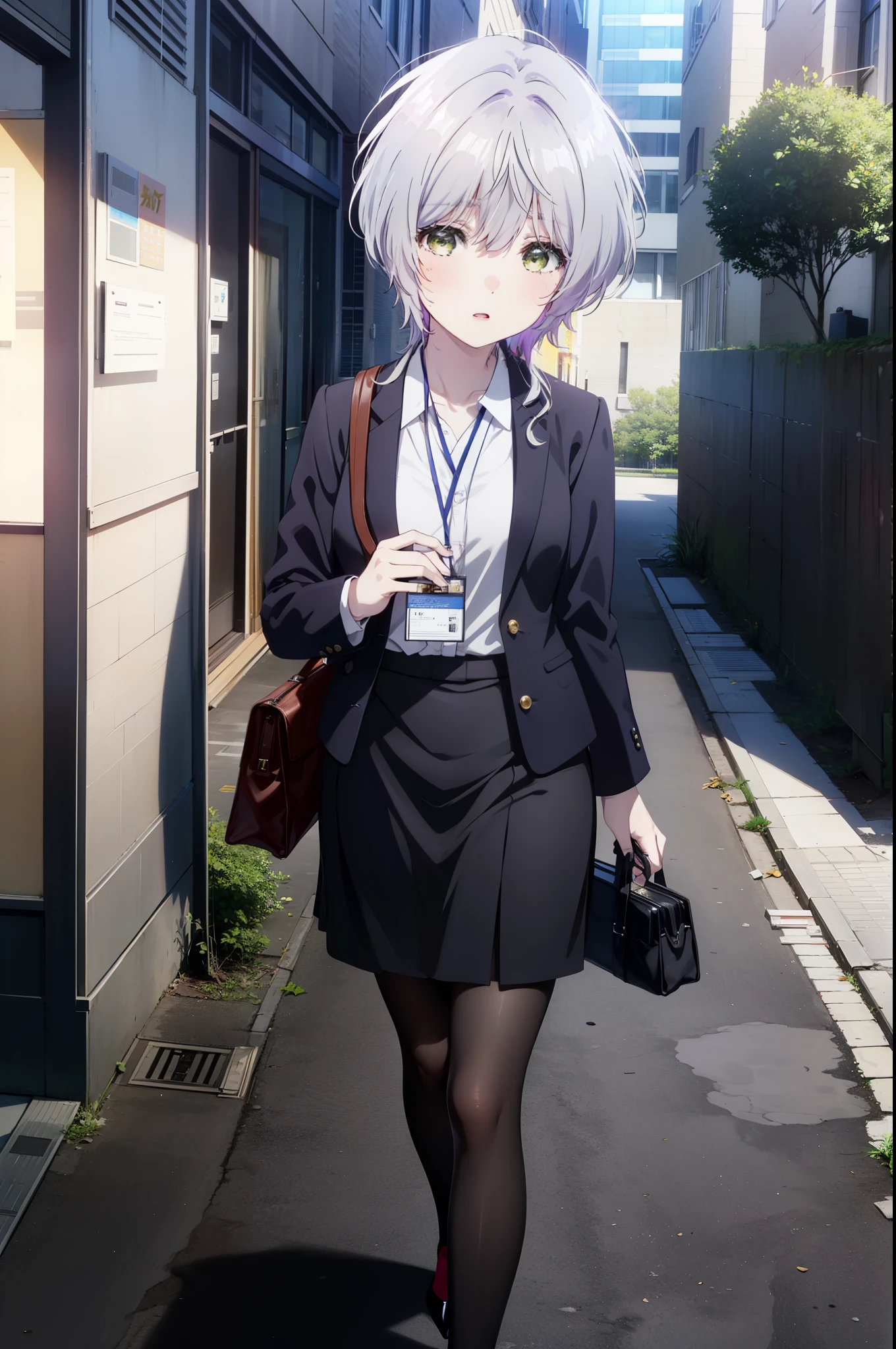 fuukakikuchi, fuuka kikuchi, short hair, bangs, hair between eyes, (green eyes:1.3), gray hair,
black suit jacket, collared jacket, white dress shirt, collared shirt, neckline, button, strap, ID card on neck, black pencil skirt, black pantyhose, stiletto heels,looking at the viewer, (medium chest:1.2),stiletto heels,daytime,walking,business bag,
break outdoors, In town,building street,
break looking at viewer,
break (masterpiece:1.2), highest quality, High resolution, unity 8k wallpaper, (figure:0.8), (detailed and beautiful eyes:1.6), highly detailed face, perfect lighting, Very detailed CG, (perfect hands, perfect anatomy),