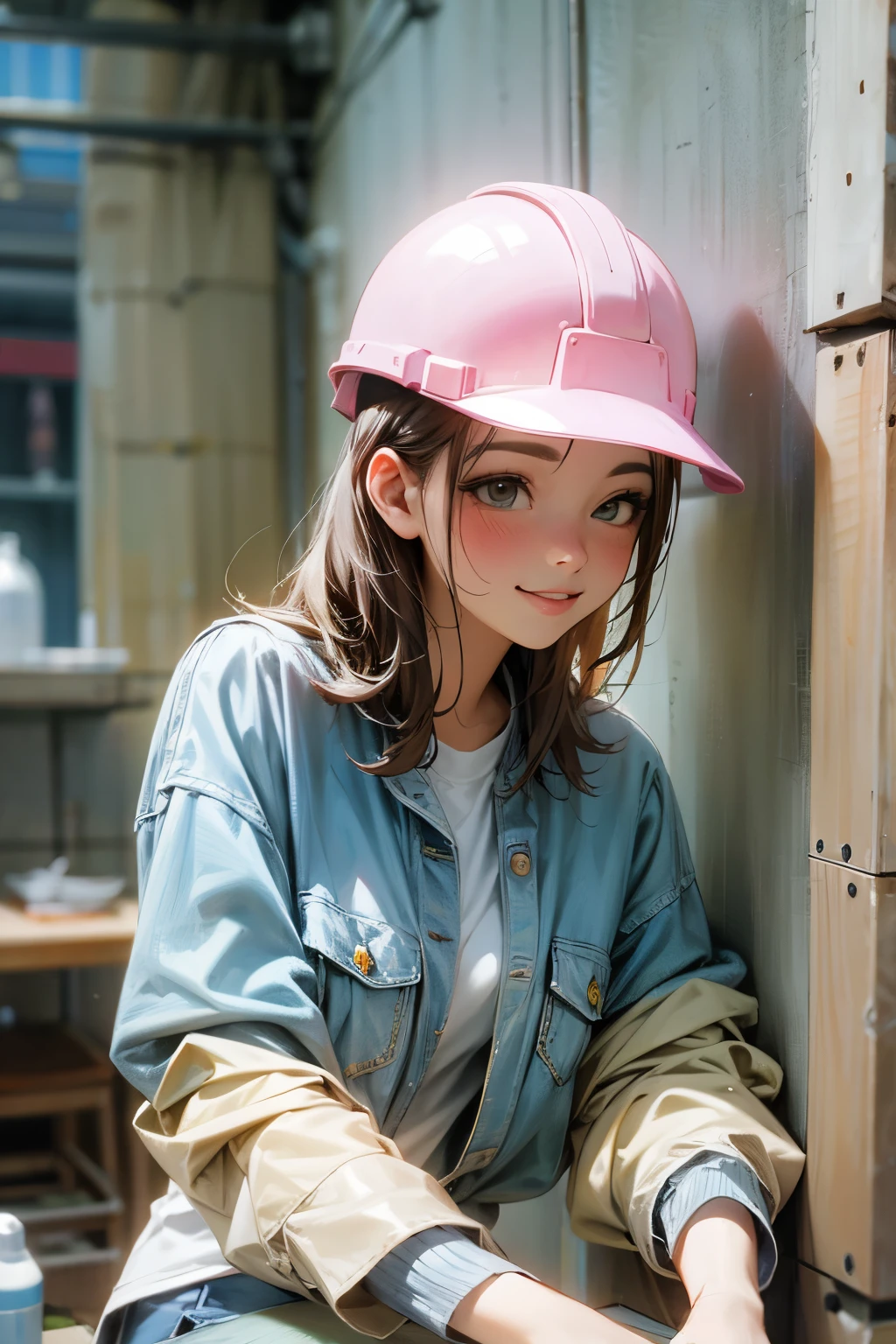 Female 25 years old,Front facing、jeans作業服 つやのある肌、Looks like work is fun、smile、 fine fabric texture, jeans、long sleeve shirt、pink helmet,Construction site、Rear show window、return、looking at camera、