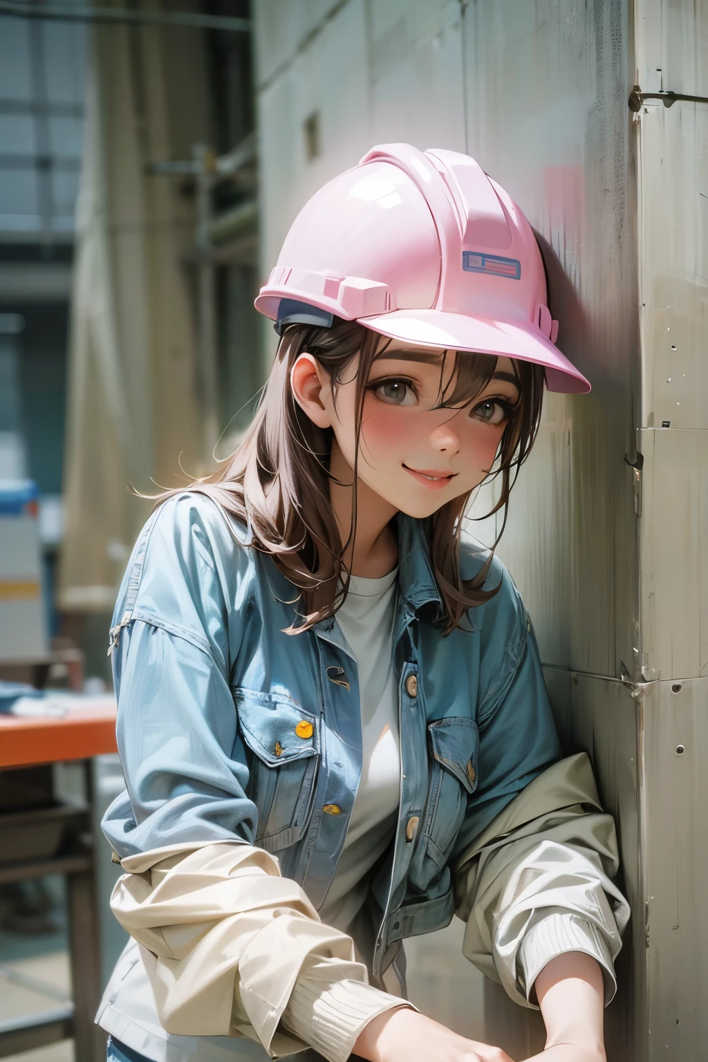 Female 25 years old,Front facing、jeans作業服 つやのある肌、Looks like work is fun、smile、 fine fabric texture, jeans、long sleeve shirt、pink helmet,Construction site、Rear show window、return、looking at camera、