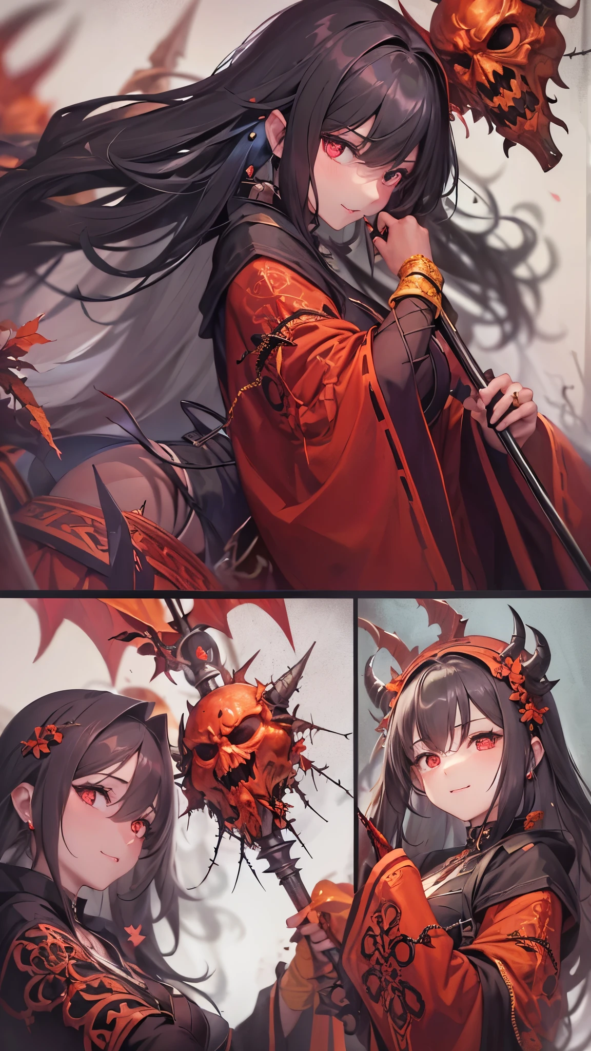 ((devil priest girl)), (open arms) ((battle fighting stance)) (hand holding biggest mace with thorns grippingmace in hands), low-angle (solo:1.3 curly black hair long hair lovely girl, , cute red eyes, evil smile), in a devil priest robe, ((fresh blood)), break, perfect anatomy, masterpiece:1.2, best quality, 8k, beautiful detailed grow, daydreaming expression.