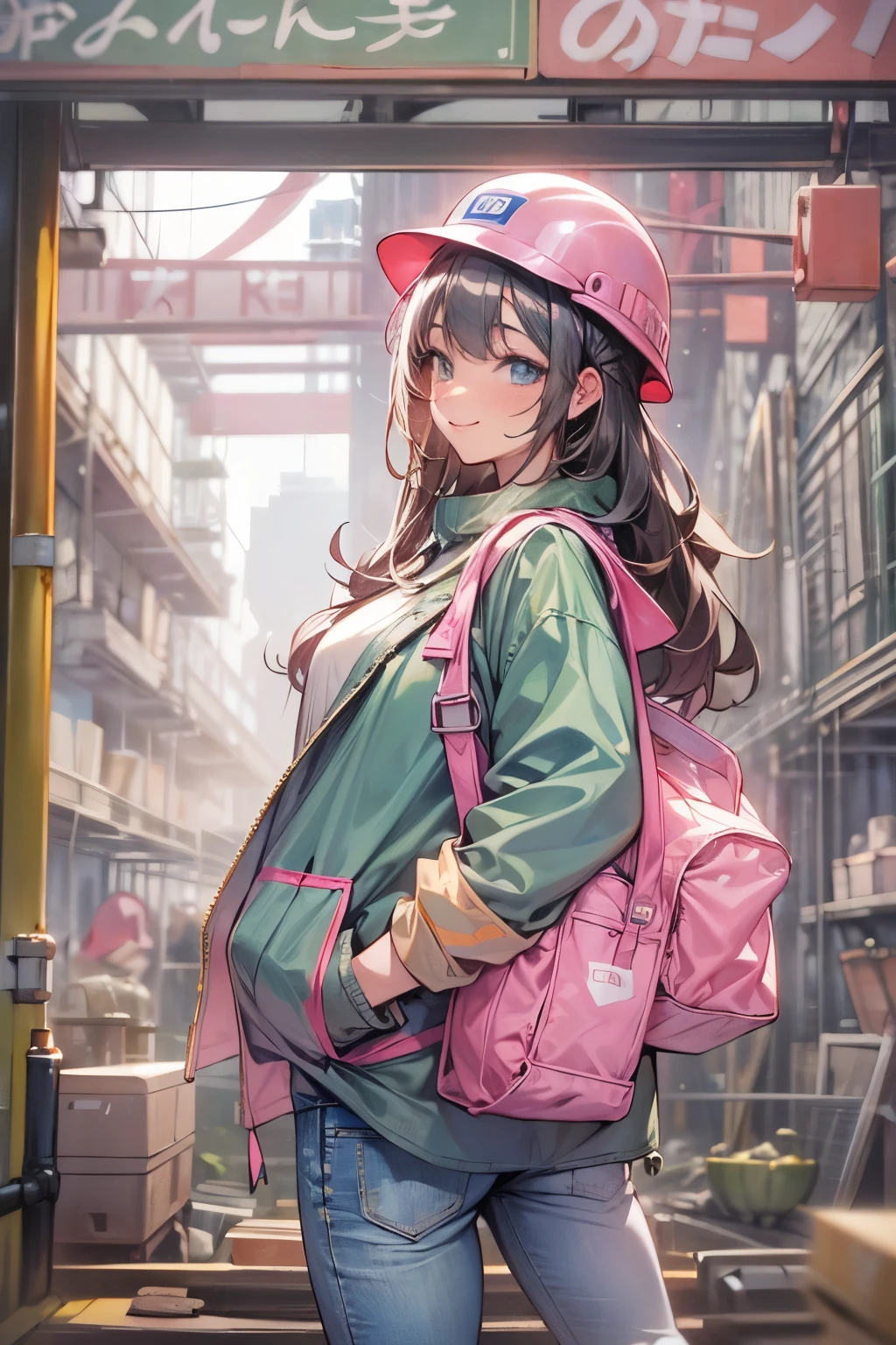 Female 25 years old,Front facing、jeans作業服 つやのある肌、Looks like work is fun、smile、 fine fabric texture, jeans、long sleeve shirt、pink helmet,Construction site、Rear show window、return、looking at camera、