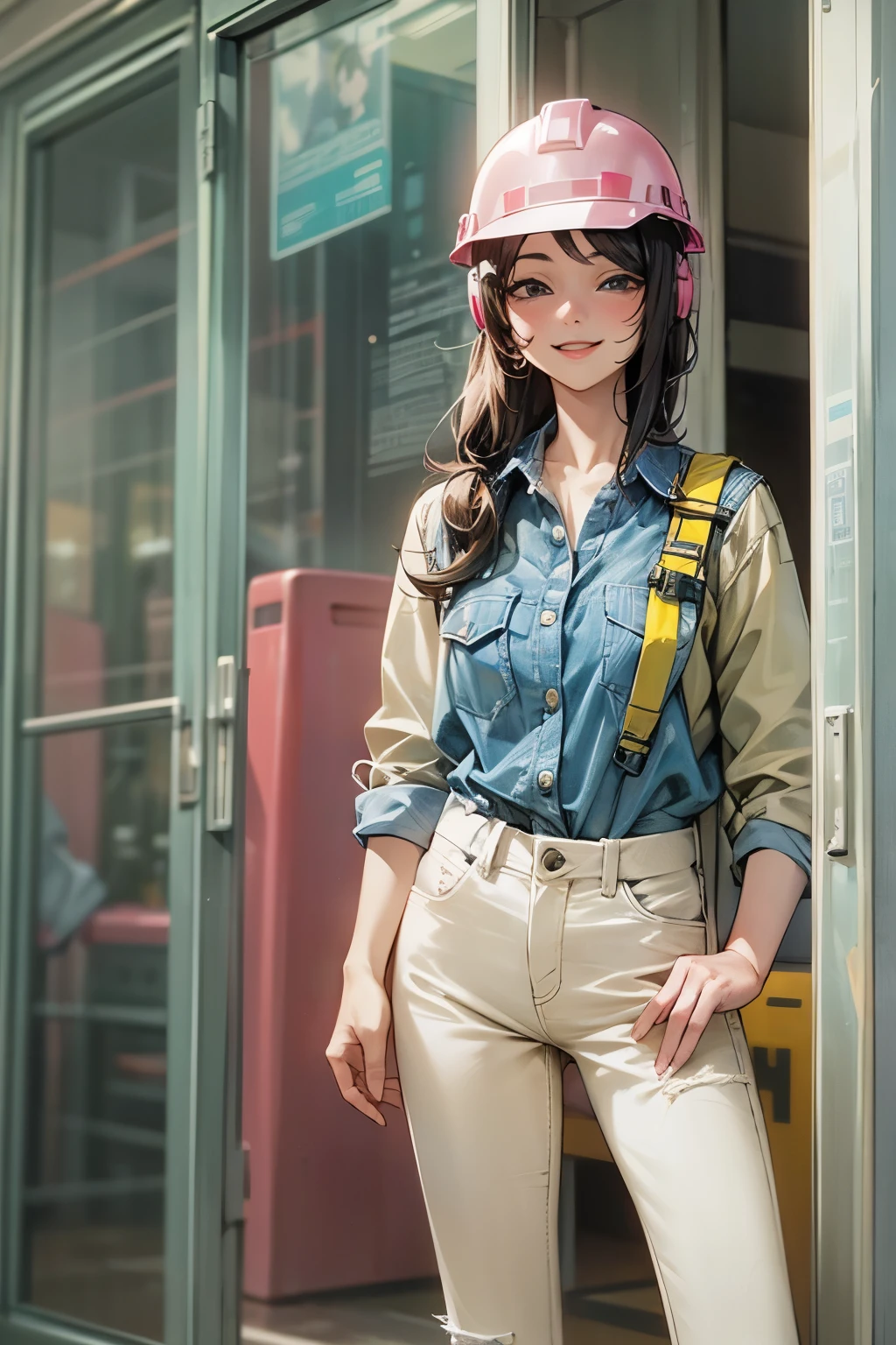 Female 25 years old,Front facing、jeans作業服 つやのある肌、Looks like work is fun、smile、 fine fabric texture, jeans、long sleeve shirt、pink helmet,Construction site、Rear show window、return、looking at camera、