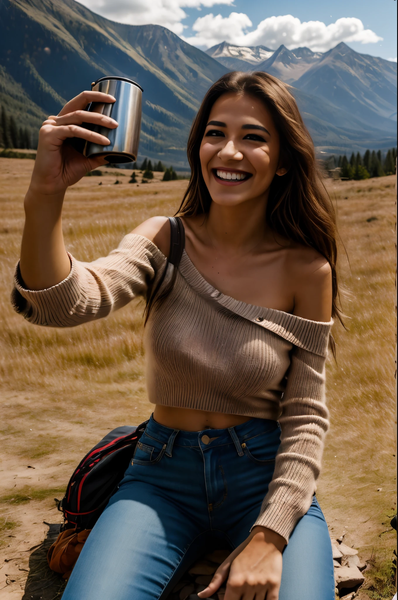(Upper body selfie:1.3),Spring climbing,With a superb view from the summit in the background,Beautiful sunrise,video from above,Backlighting,Generate images of beautiful girls around the world,Especially while reflecting elements of Western beauty.Girl with natural smile and attractive expression,Girl with natural smile and attractive expression,Transparent skin,sparkle in eyes,Expresses an elegant atmosphere,Colossal tits,White lace loose sweater with off-shoulder chest emphasis,Torn and tattered damaged jeans,Solo, crouching down.backpack,Mountain boots,Camping stove,kettle,mug cup,Single-person tent,strong wind blowing,Hair fluttering in the storm,(The 8k quality,masutepiece,top-quality,Ultra-high resolution output image,),(Highly detailed raw photos:1.3),(Image Mode Ultra HD),