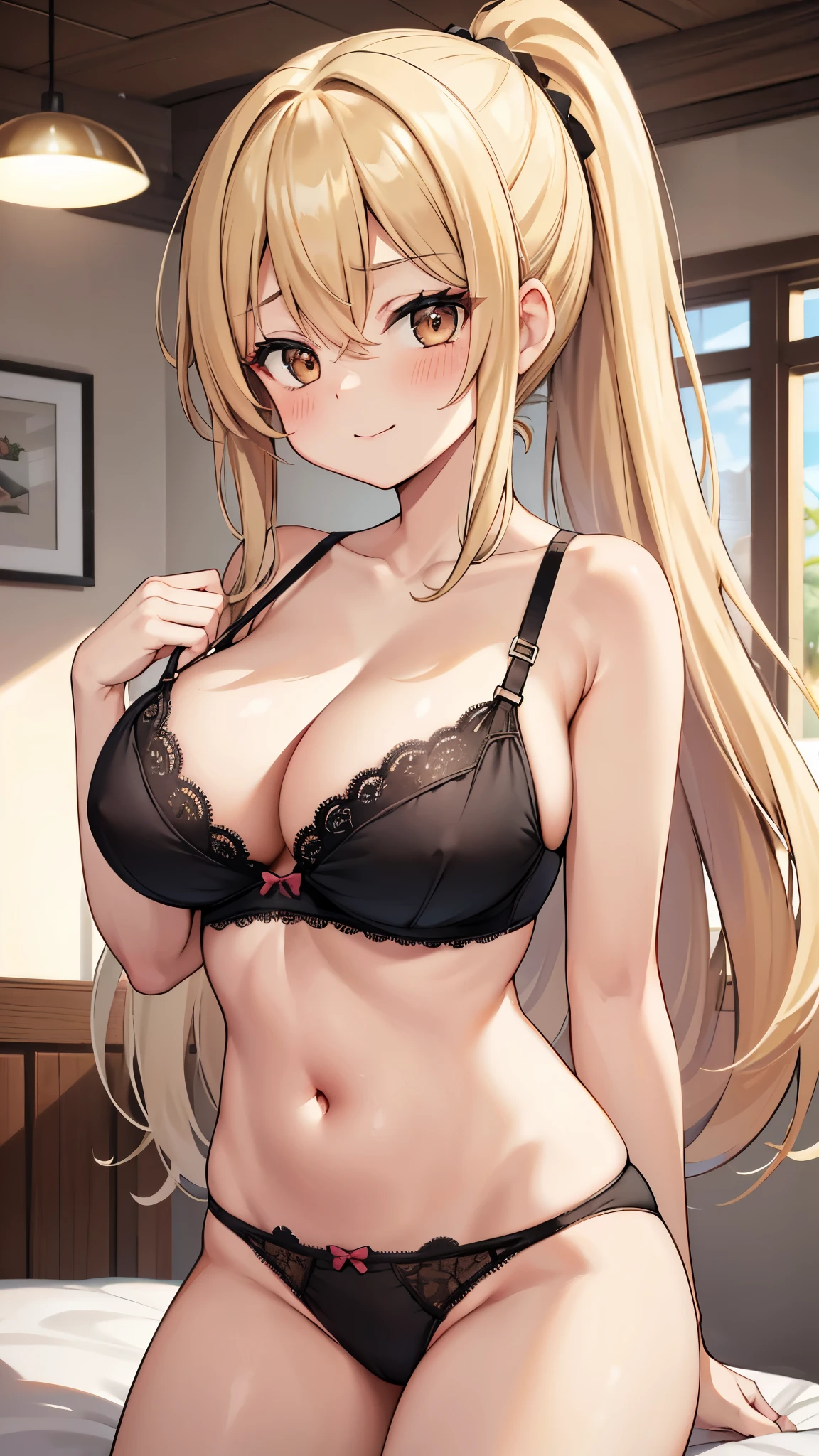 1girl, solo, long hair, breasts, blush, smile, bangs, blonde hair, large breasts, navel, cleavage, hair between eyes, bare shoulders, brown eyes, closed mouth, underwear, ponytail, sidelocks, thighs, indoors, stomach, bra, bare arms, underwear only, black bra, lace trim