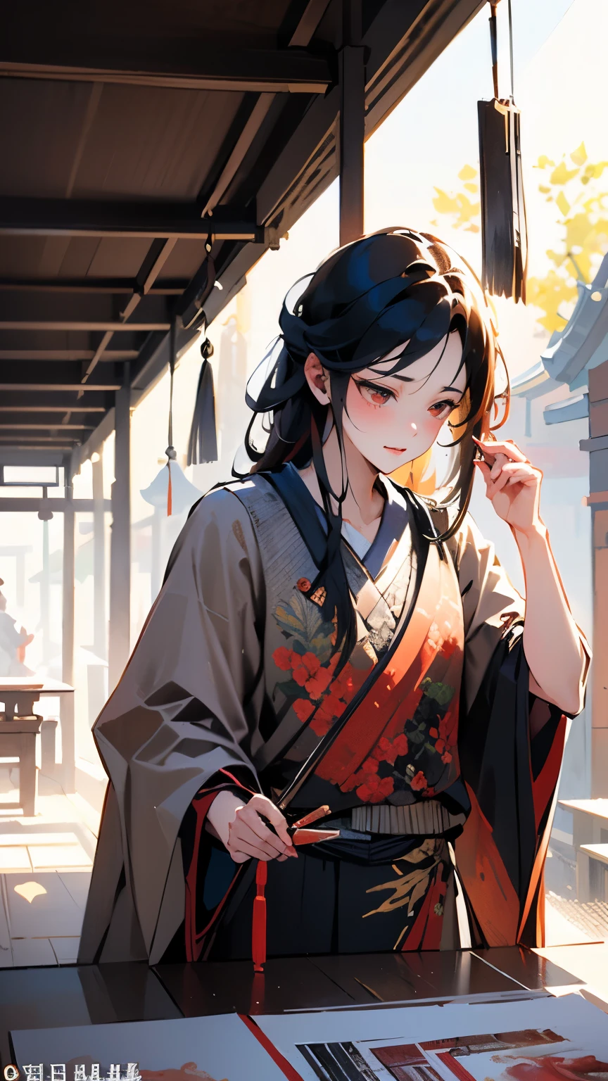 Masterpiece,Chinese culturetraditionwriting brush,CalligraphybrushBlurrededges,ink,play pipa wash,pen shale texturewatercolorpencilhand drawn animationillustrationscharmingsketches super flat stylehazy romanticismhalo dyeing Contrast, leave blankbyLiangkai