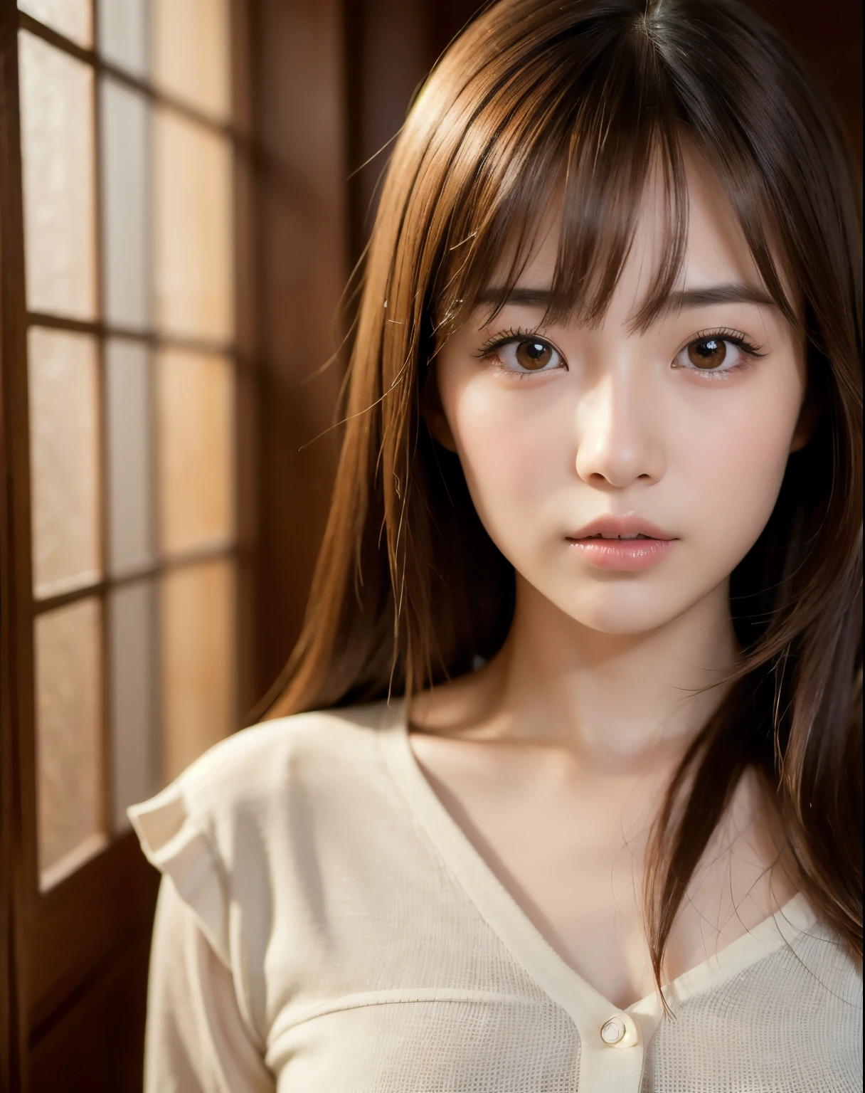 highest quality, face focus, soft light, ultra high resolution, (realistic:1.4), RAW photo,
1 japanese girl, alone, cute, (pupil, light in the eyes),  detailed beautiful face, (),(High resolution details of human skin texture),
(long hair),
indoor,
damask shirt dress,
(portrait)
