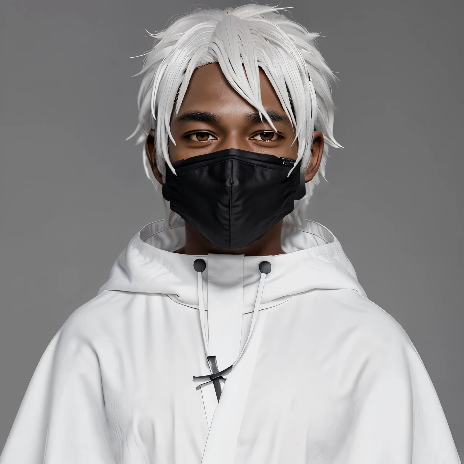 A black guy in a anime art stylewith white hair, a white cloak, black shirt, x-shaped pupils, and a mask covering the left side of his face.