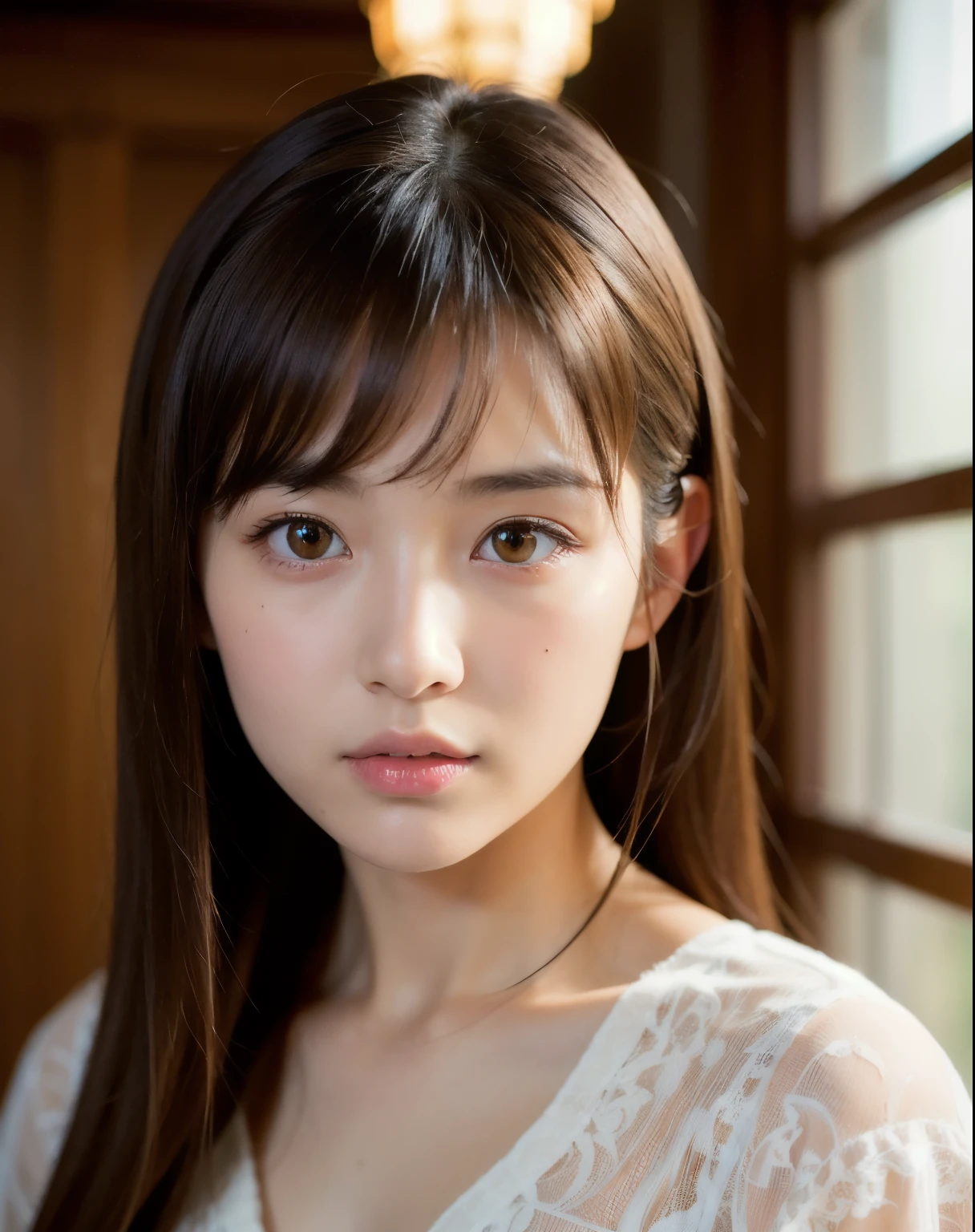 highest quality, face focus, soft light, ultra high resolution, (realistic:1.4), RAW photo,
1 japanese girl, alone, cute, (pupil, light in the eyes),  detailed beautiful face, (),(High resolution details of human skin texture),
(long hair),
indoor,
damask shirt dress,
(portrait)