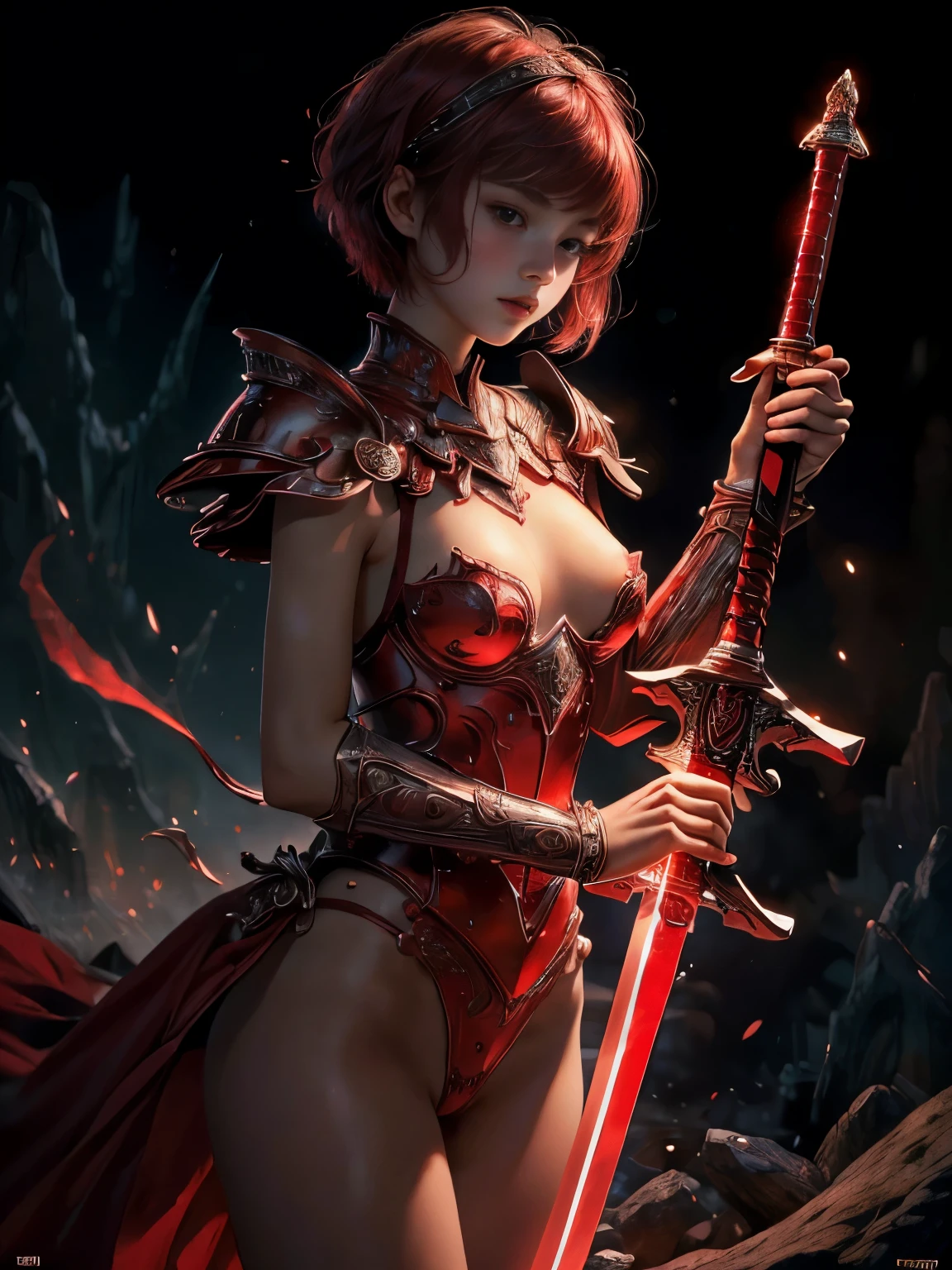 NSFW((masterpiece)), (((Best Quality))), ((Ultra-detailed)), (extremely detailed photo), ((extremely delicate and beautiful)),(Cute delicate face), (A  very dignified girl),red and black armor ,(holding a red glowing sword ),against a dark background in a city,solo,short hair,double eyelid,delicate skin,slender body shape,